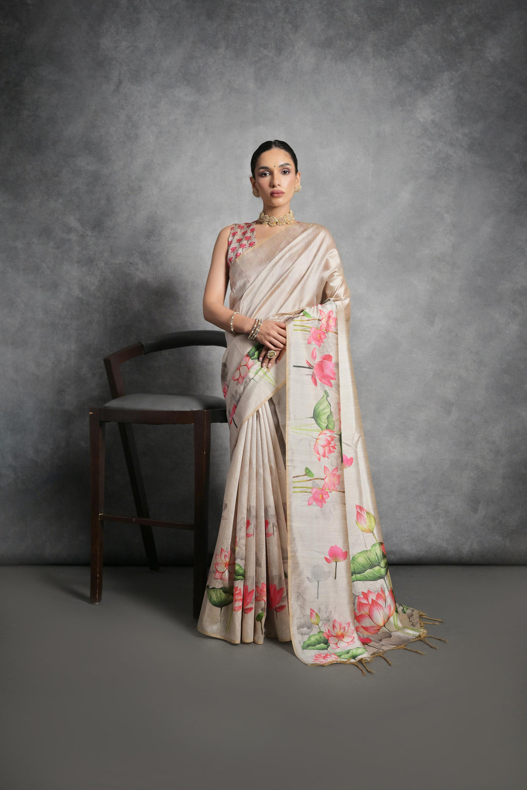 Jyoti Fashion Women's Beige Soft Tussar Silk Floral Printed Saree with Blouse