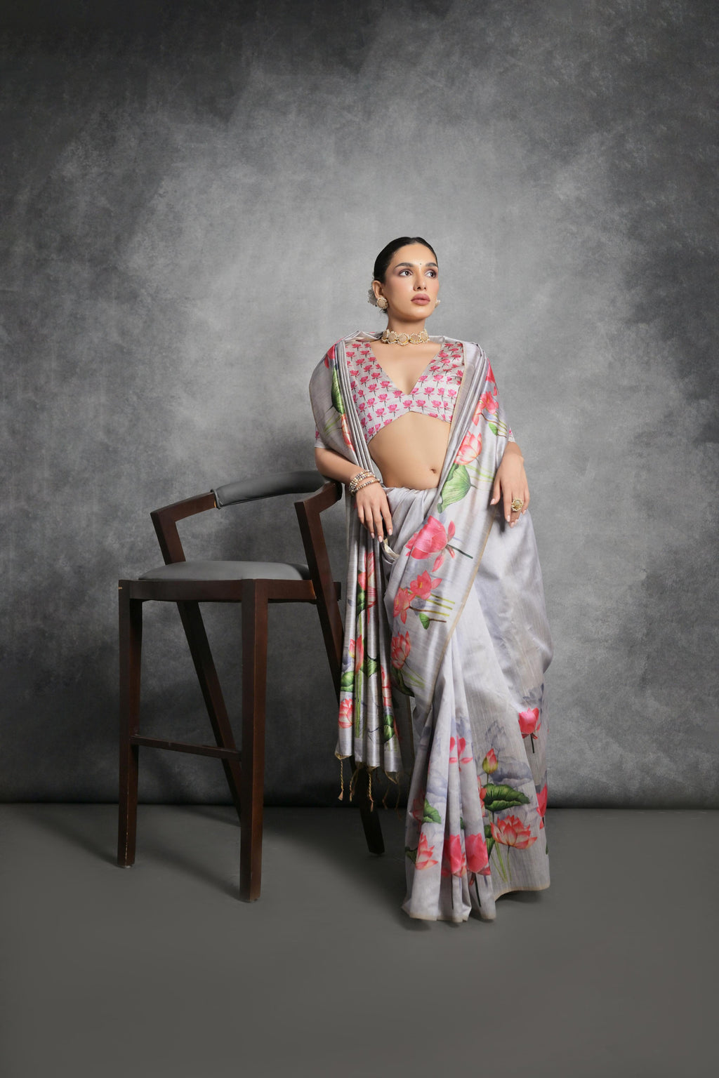 Jyoti Fashion Women's Grey Soft Tussar Silk Floral Printed Saree with Blouse