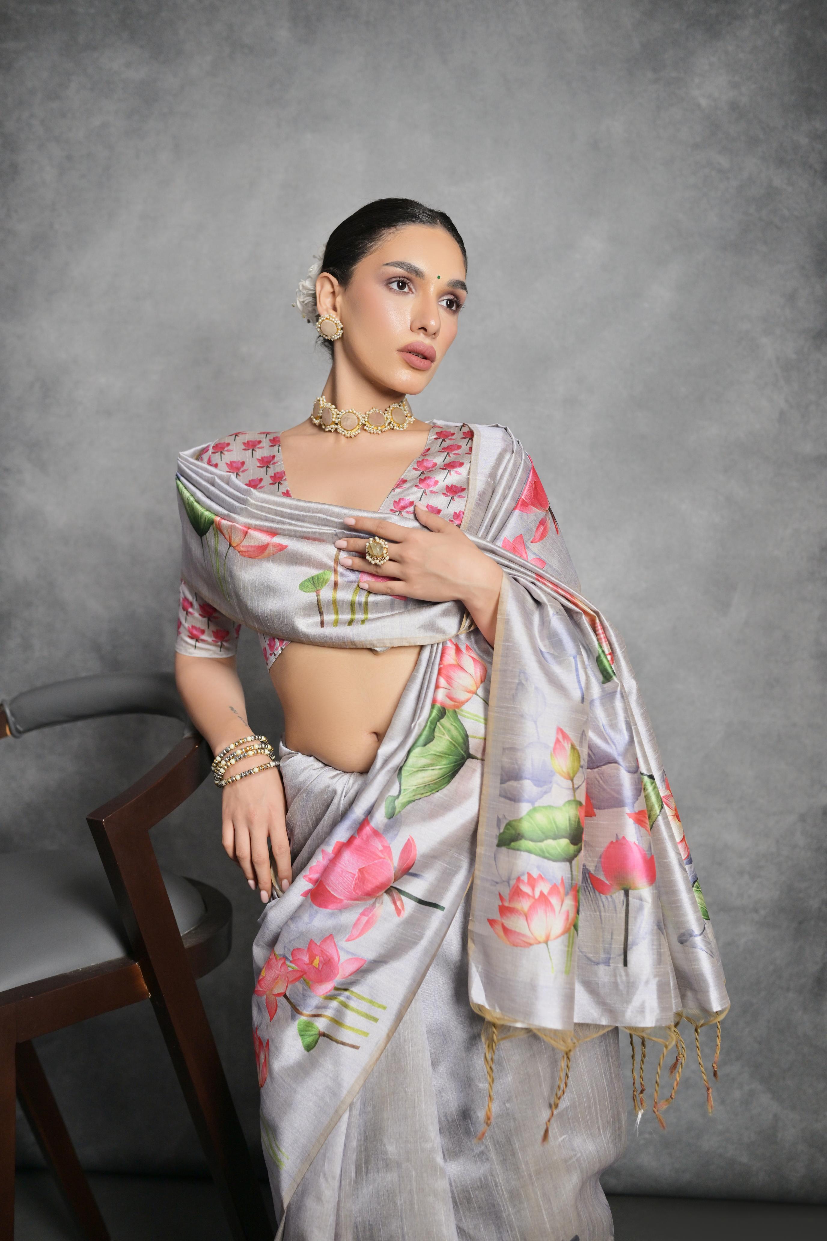 Jyoti Fashion Women's Grey Soft Tussar Silk Floral Printed Saree with Blouse