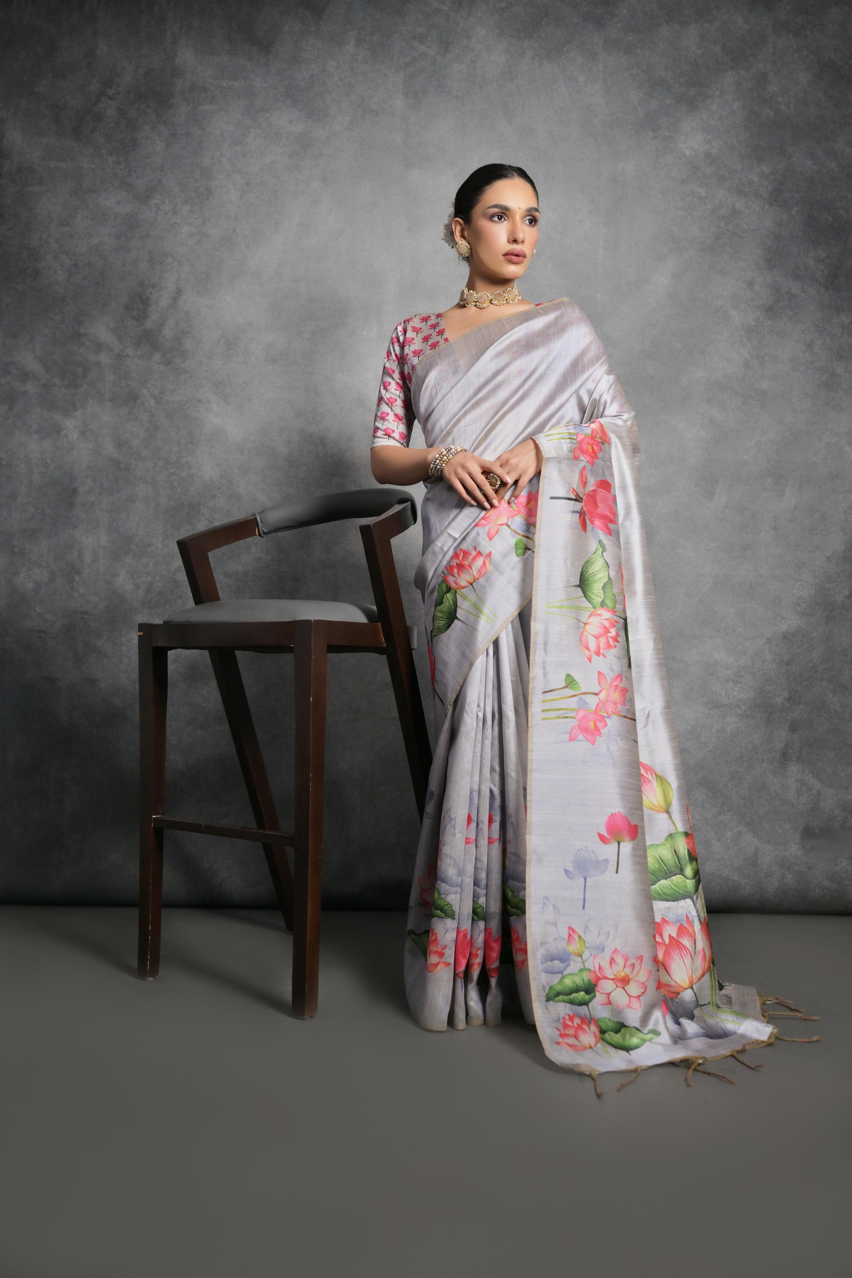 Jyoti Fashion Women's Grey Soft Tussar Silk Floral Printed Saree with Blouse