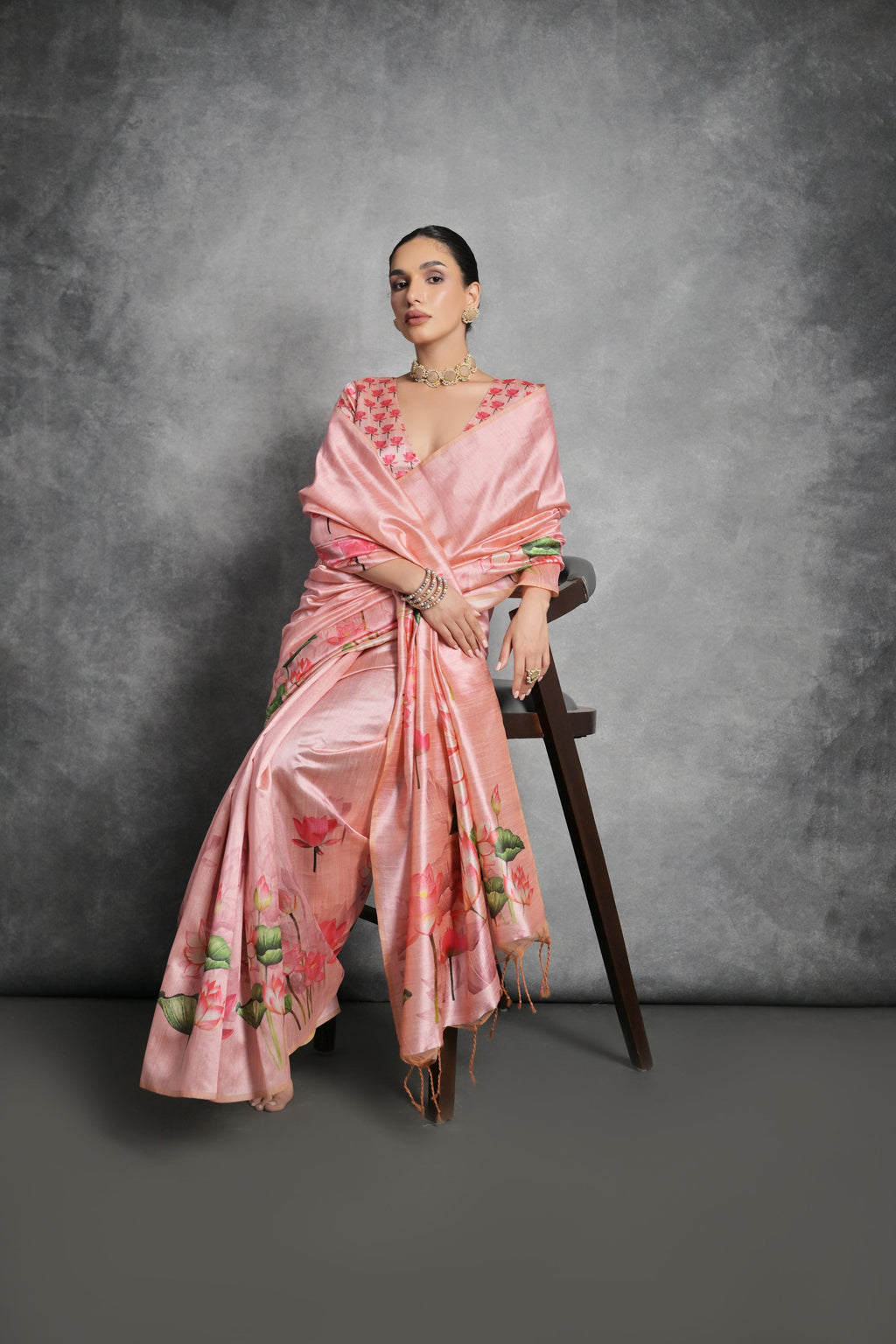 Jyoti Fashion Women's Pink Soft Tussar Silk Floral Printed Saree with Blouse