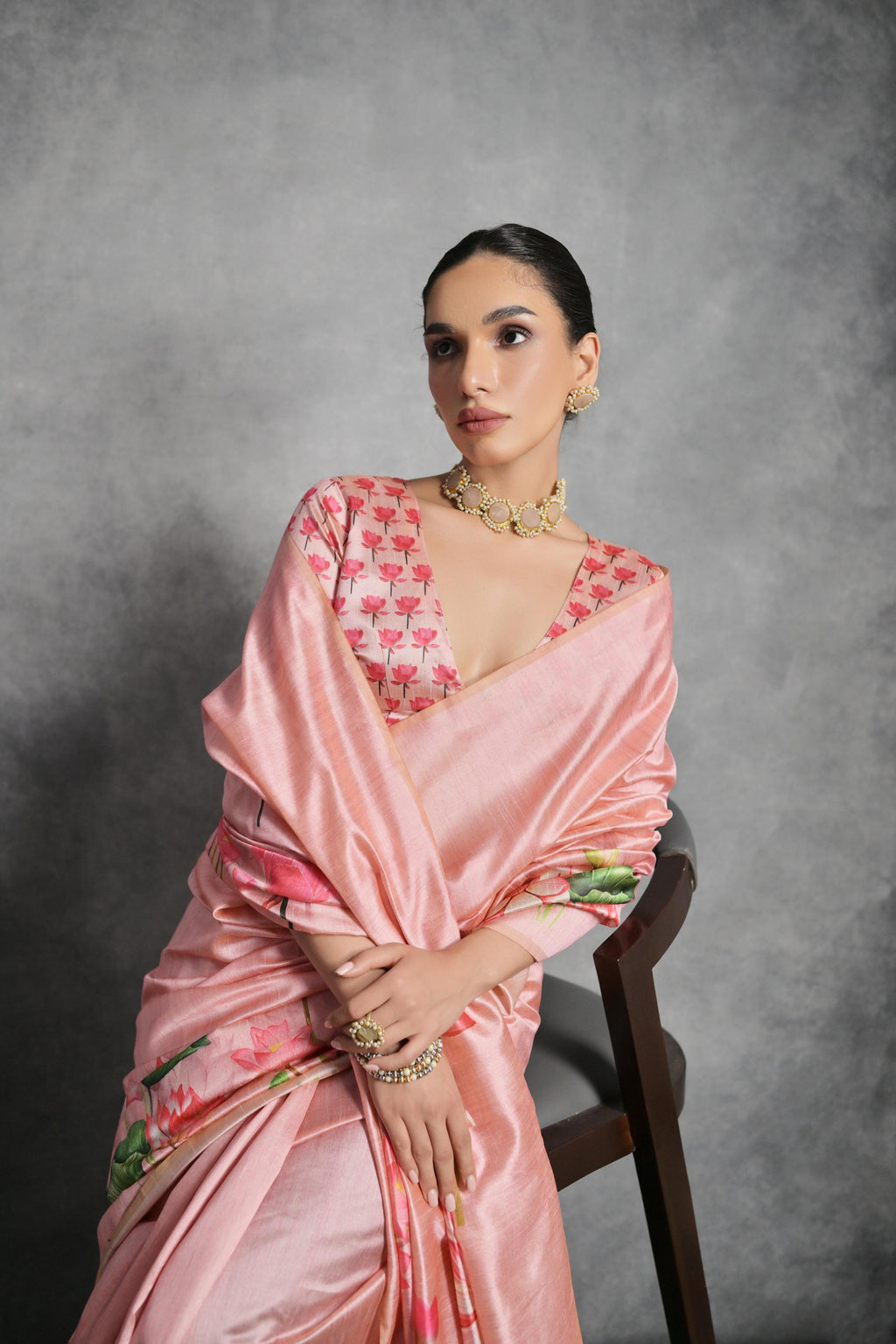 Jyoti Fashion Women's Pink Soft Tussar Silk Floral Printed Saree with Blouse