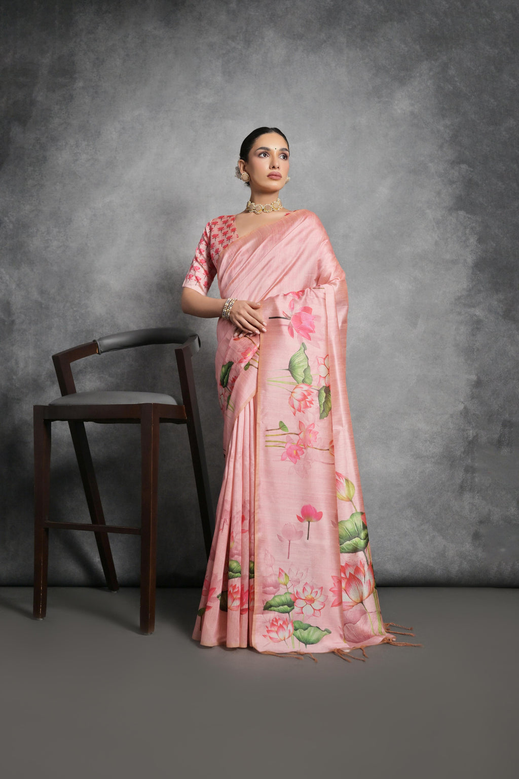 Jyoti Fashion Women's Pink Soft Tussar Silk Floral Printed Saree with Blouse