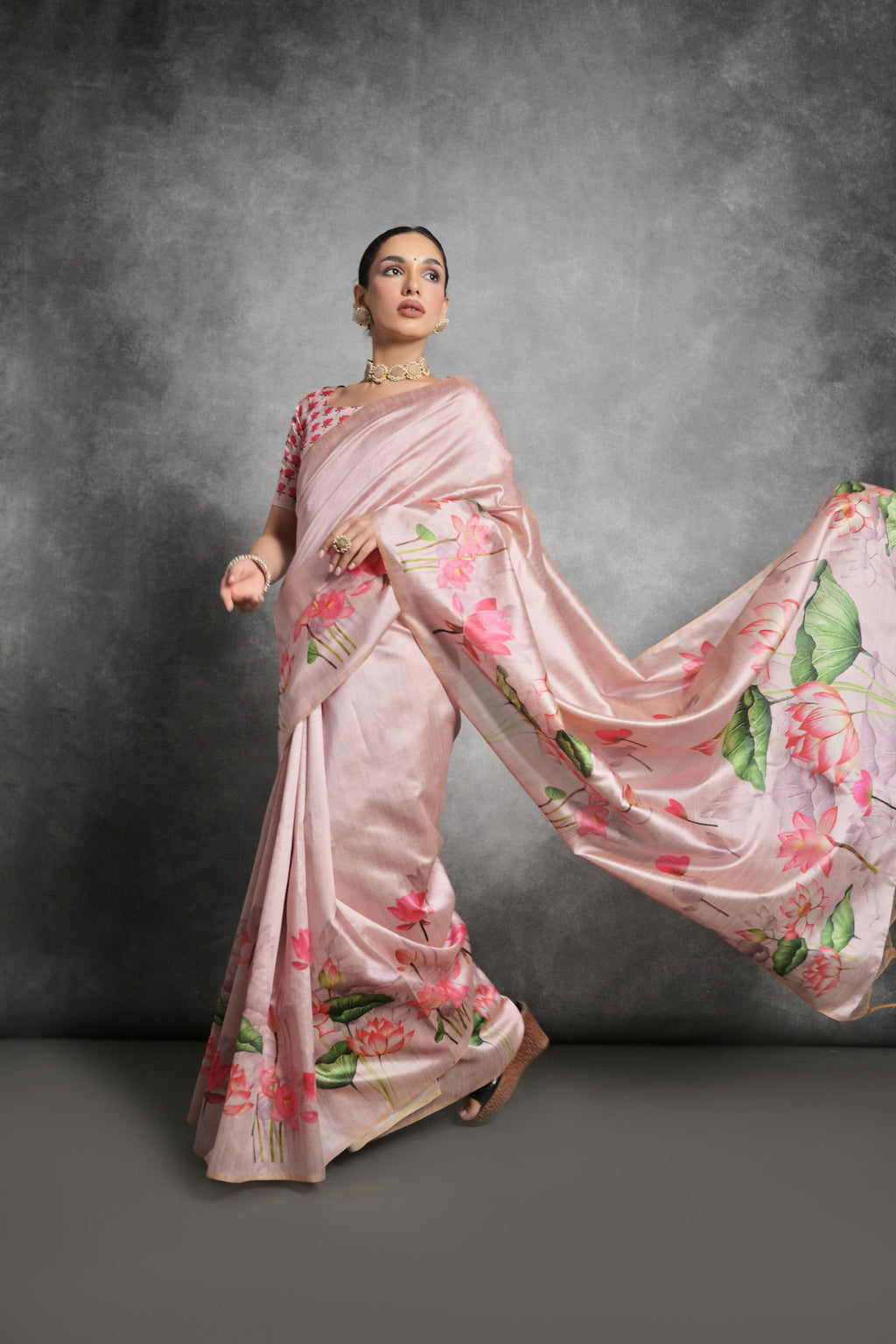 Jyoti Fashion Women's Peach Soft Tussar Silk Floral Printed Saree with Blouse