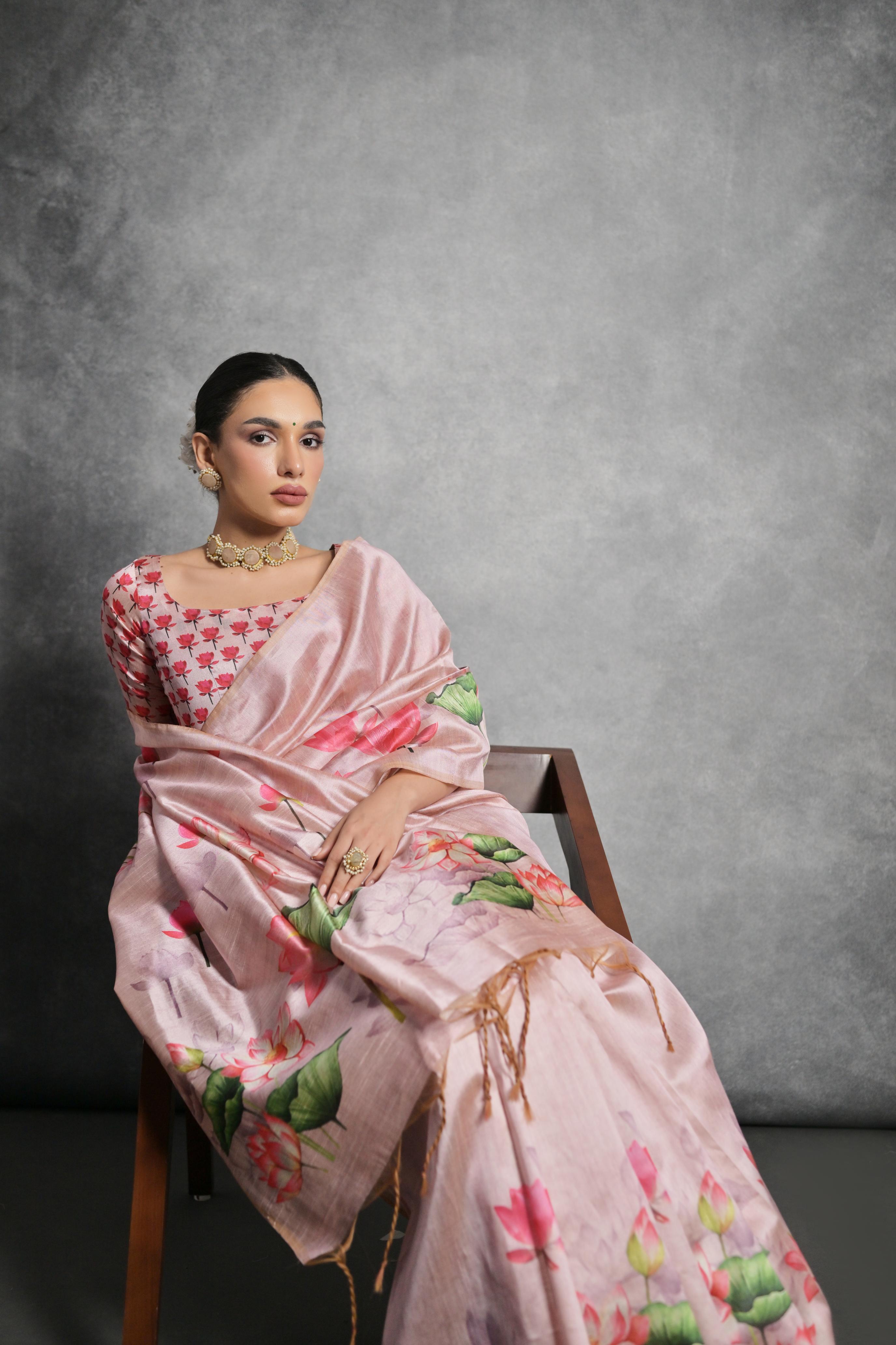 Jyoti Fashion Women's Peach Soft Tussar Silk Floral Printed Saree with Blouse