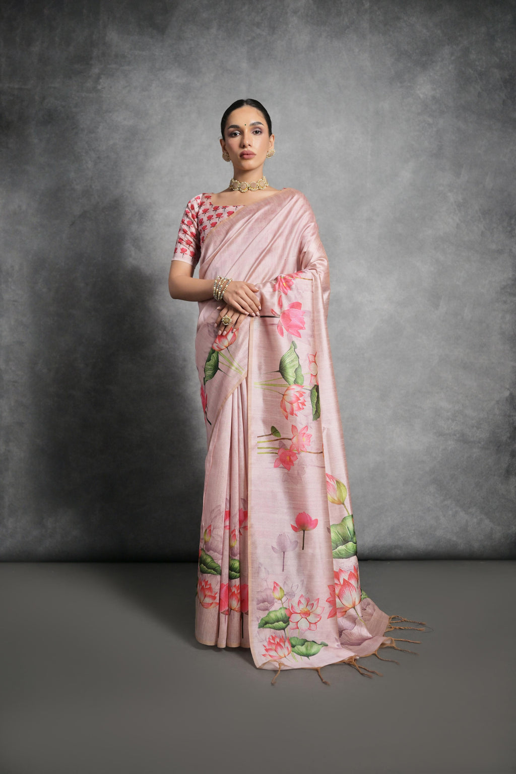 Jyoti Fashion Women's Peach Soft Tussar Silk Floral Printed Saree with Blouse