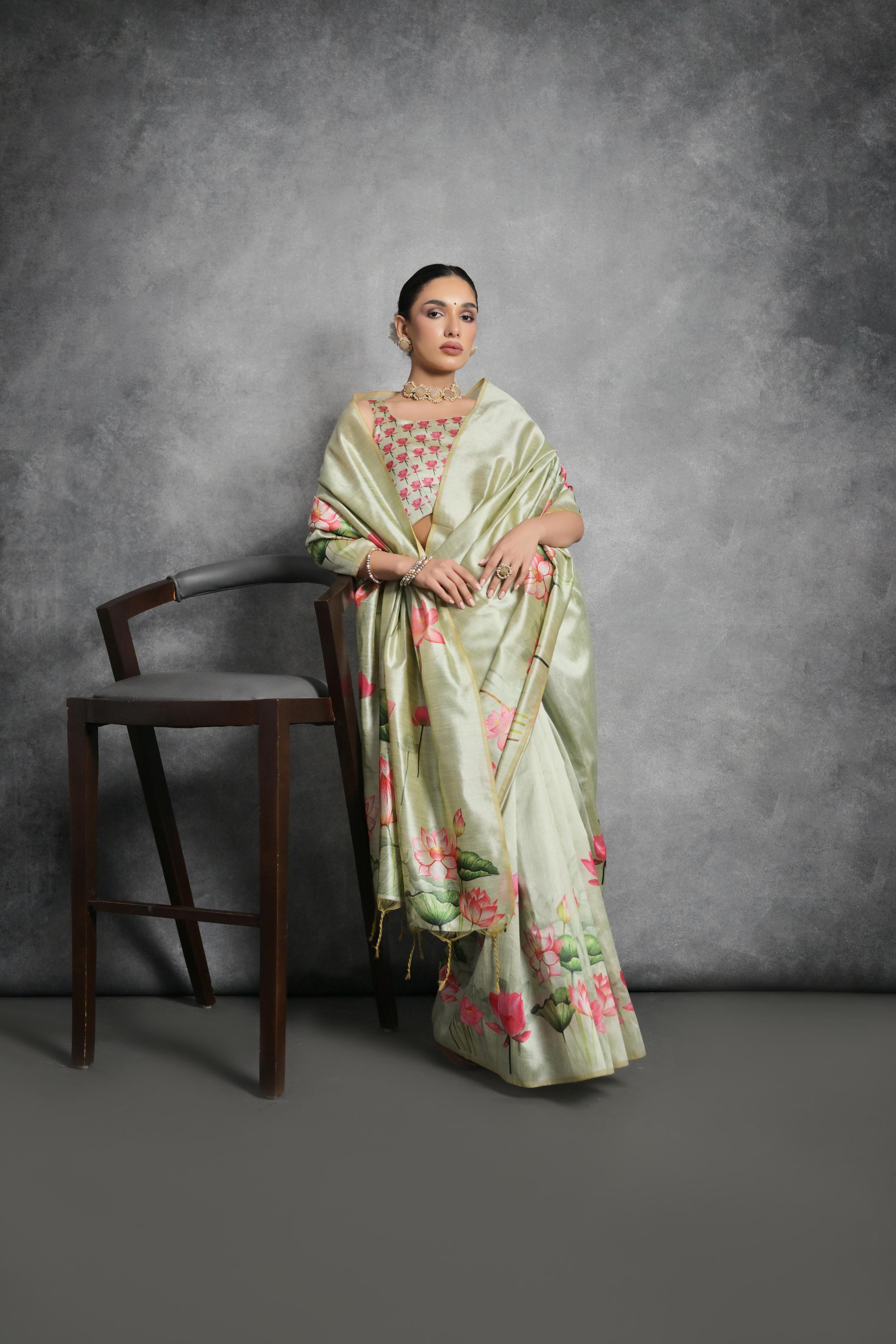 Jyoti Fashion Women's Pista Green Soft Tussar Silk Floral Printed Saree with Blouse