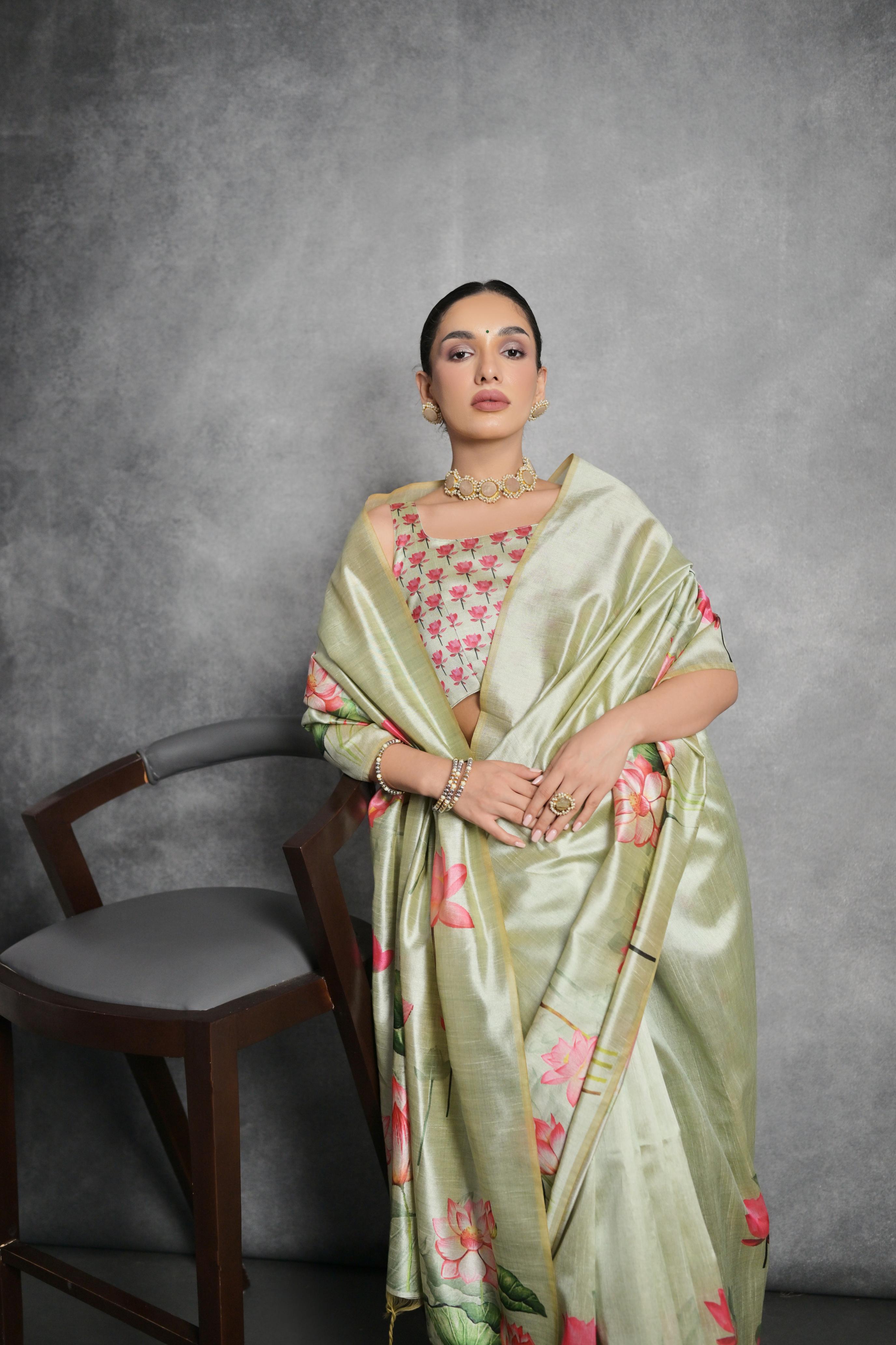 Jyoti Fashion Women's Pista Green Soft Tussar Silk Floral Printed Saree with Blouse