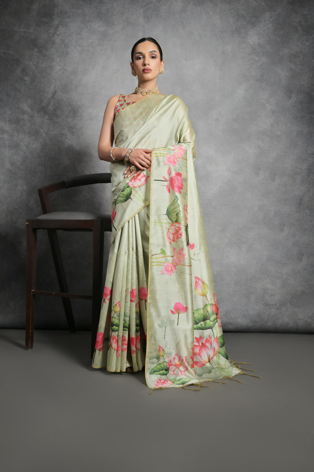 Jyoti Fashion Women's Pista Green Soft Tussar Silk Floral Printed Saree with Blouse