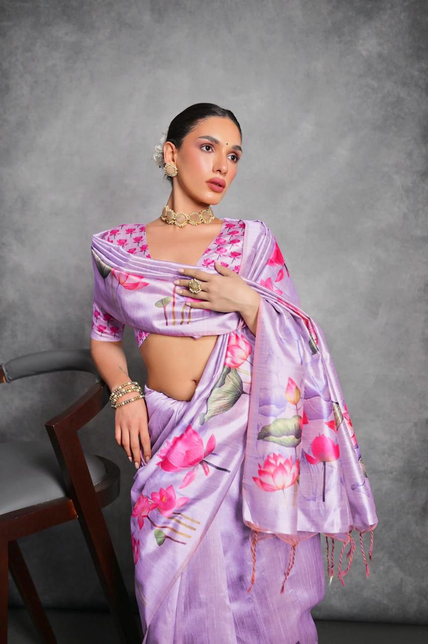 Jyoti Fashion Women's Lavender Soft Tussar Silk Floral Printed Saree with Blouse