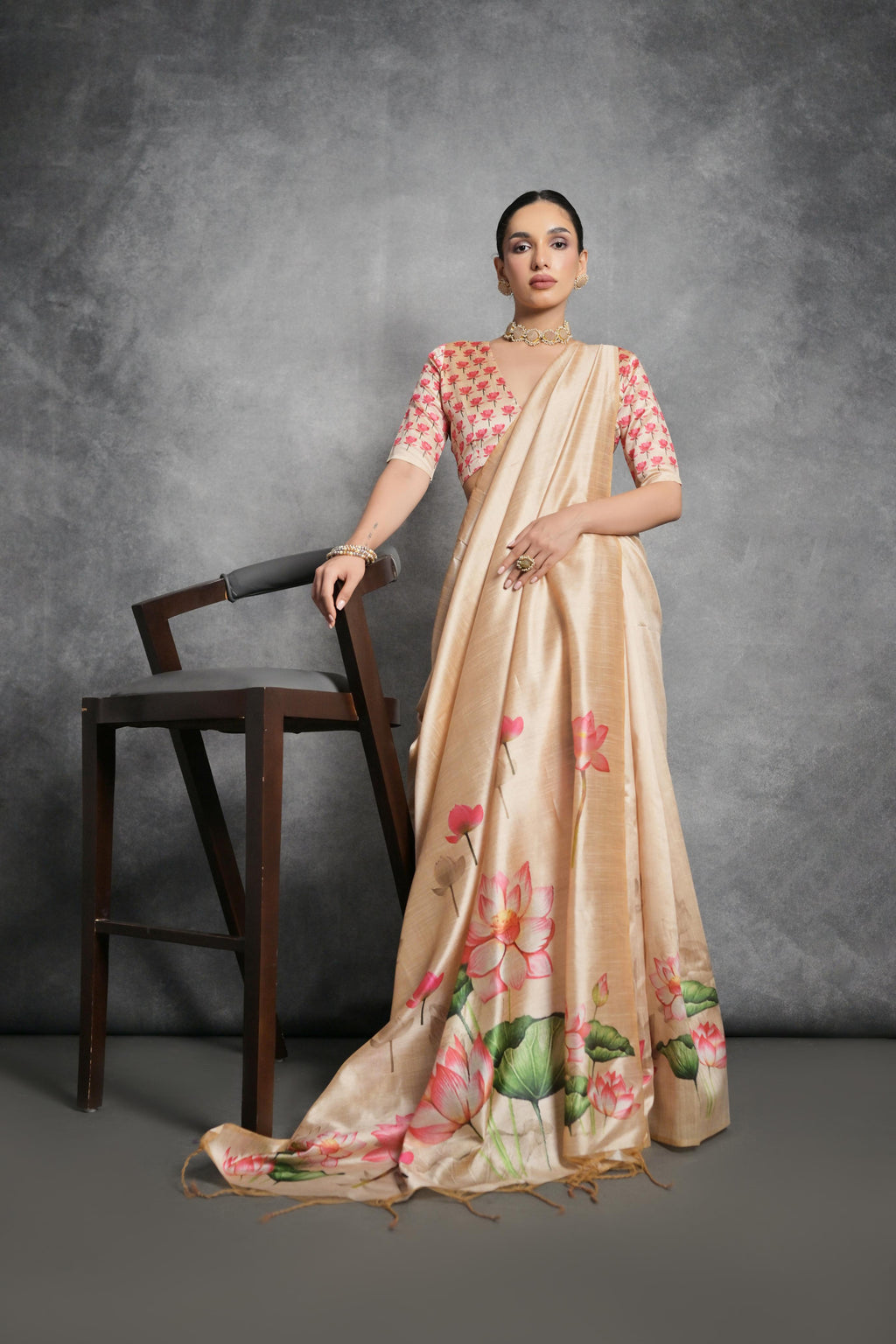 Jyoti Fashion Women's Cream Soft Tussar Silk Floral Printed Saree with Blouse
