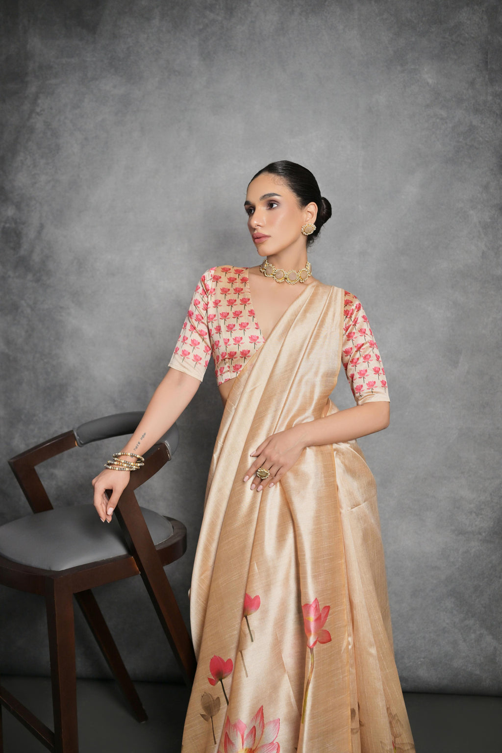 Jyoti Fashion Women's Cream Soft Tussar Silk Floral Printed Saree with Blouse