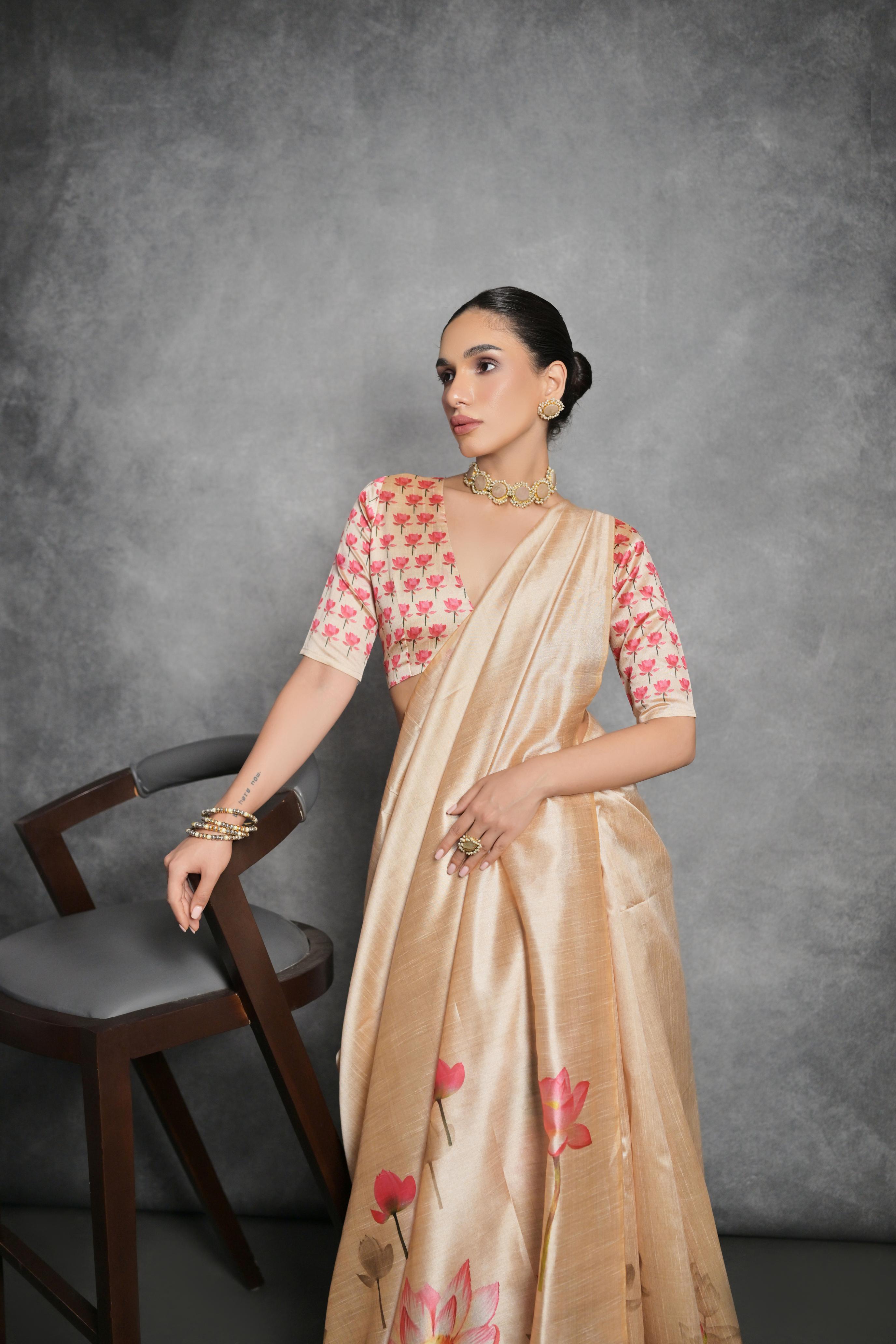 Jyoti Fashion Women's Cream Soft Tussar Silk Floral Printed Saree with Blouse