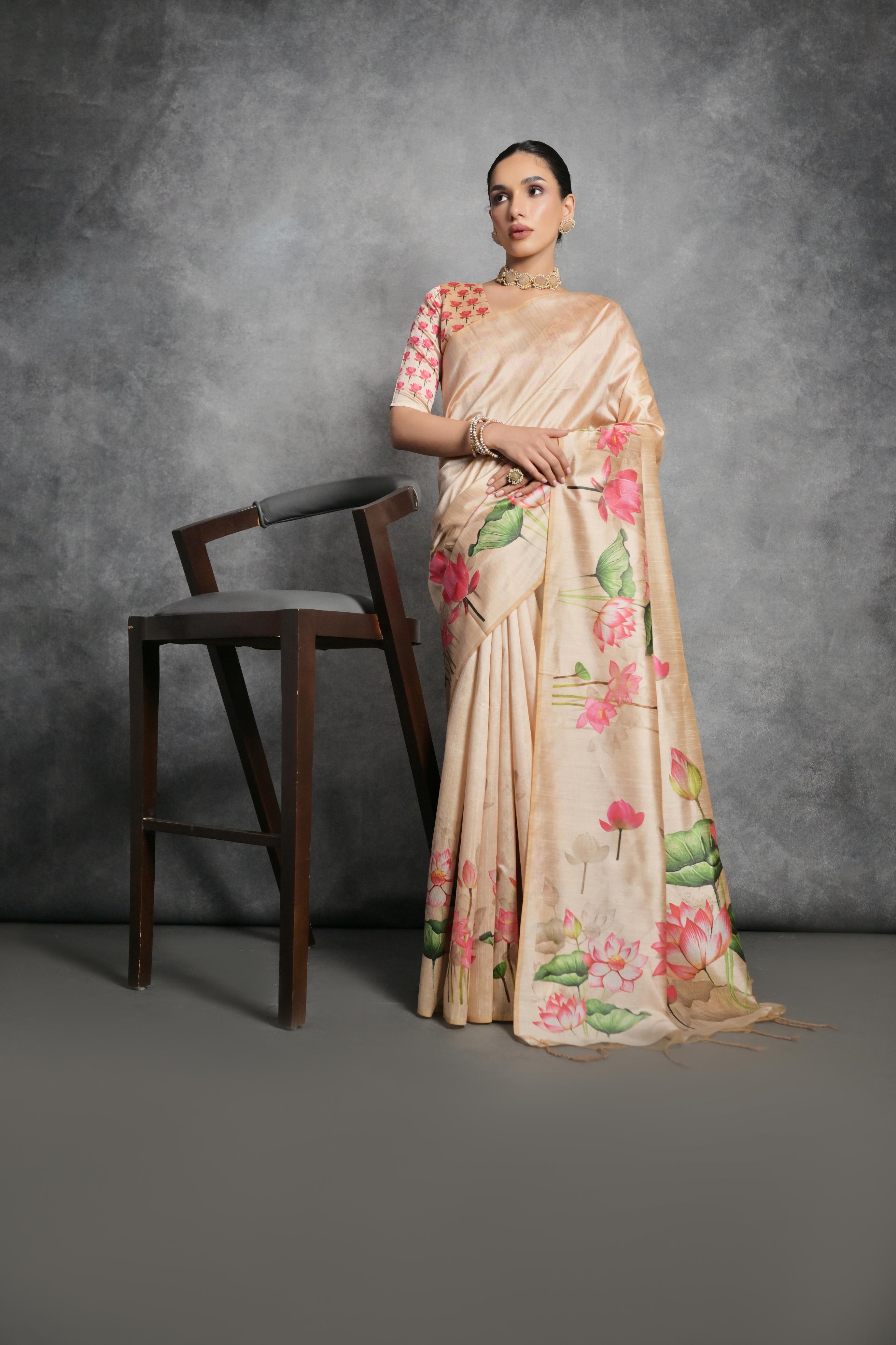 Jyoti Fashion Women's Cream Soft Tussar Silk Floral Printed Saree with Blouse