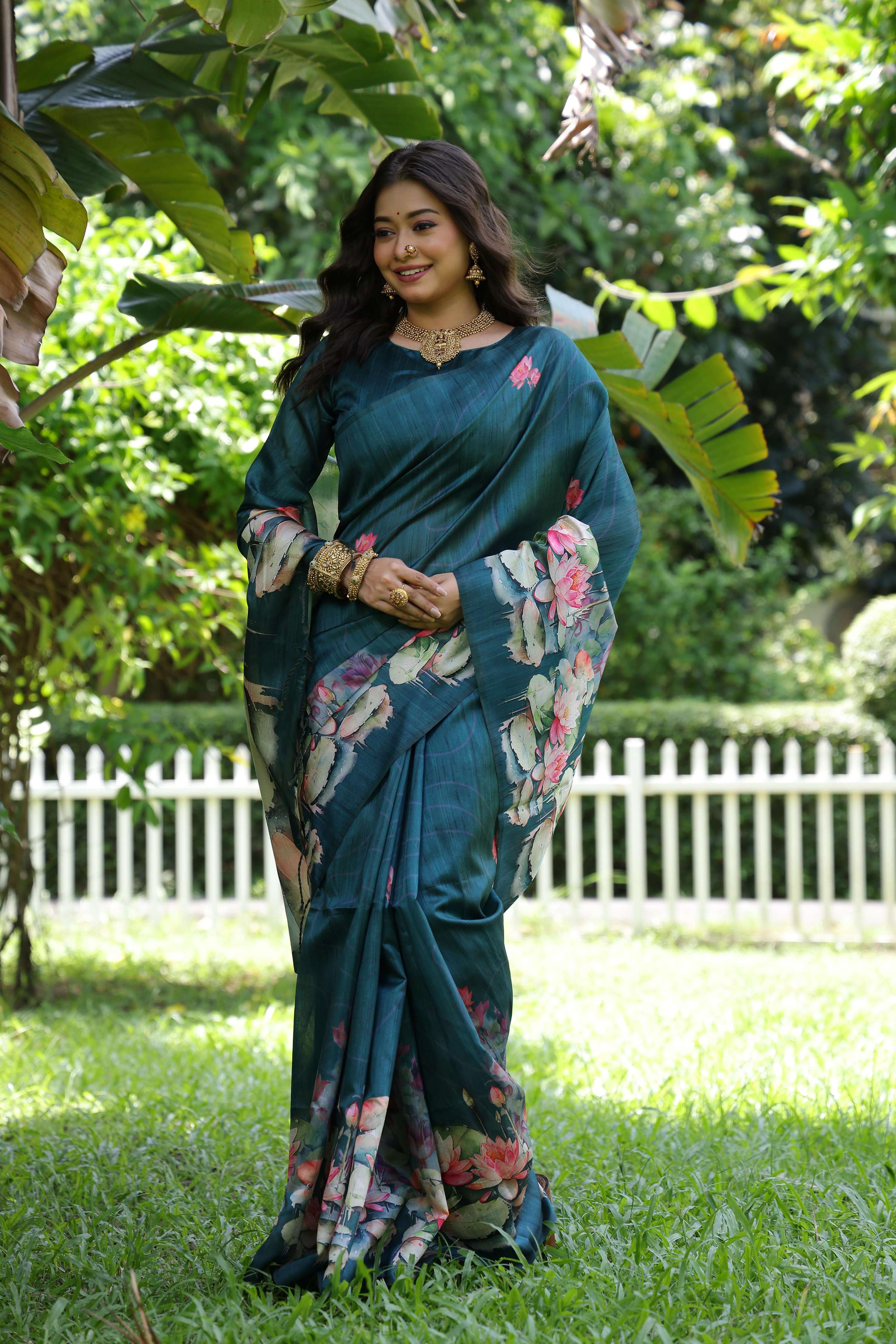 Jyoti Fashion Women's Teal Soft Tussar Silk Floral Printed Saree with Blouse