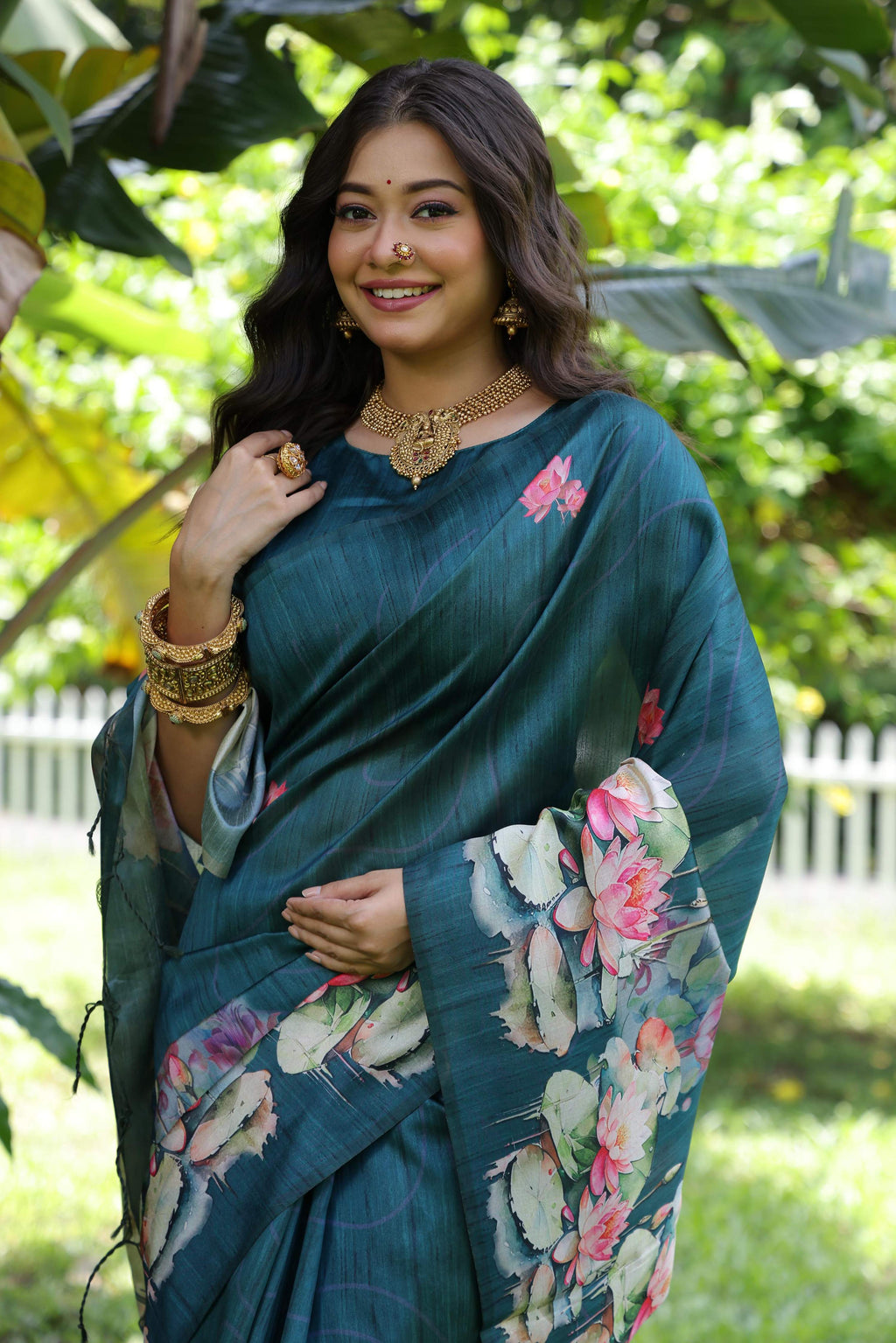 Jyoti Fashion Women's Teal Soft Tussar Silk Floral Printed Saree with Blouse