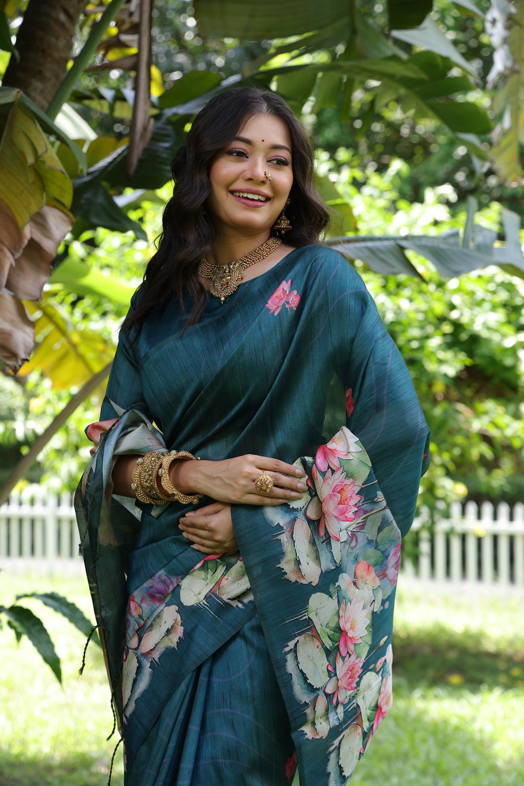 Jyoti Fashion Women's Teal Soft Tussar Silk Floral Printed Saree with Blouse