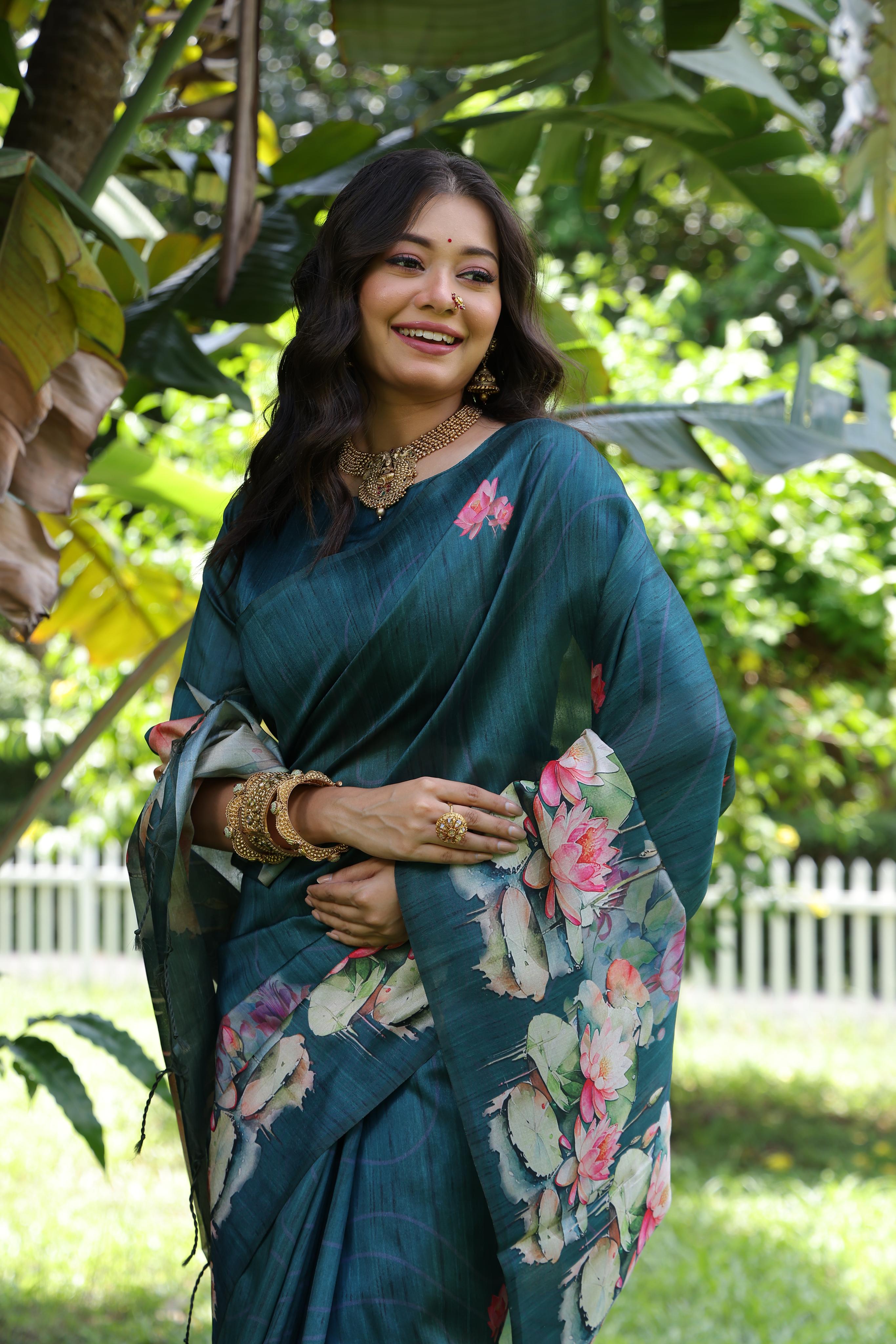Jyoti Fashion Women's Teal Soft Tussar Silk Floral Printed Saree with Blouse