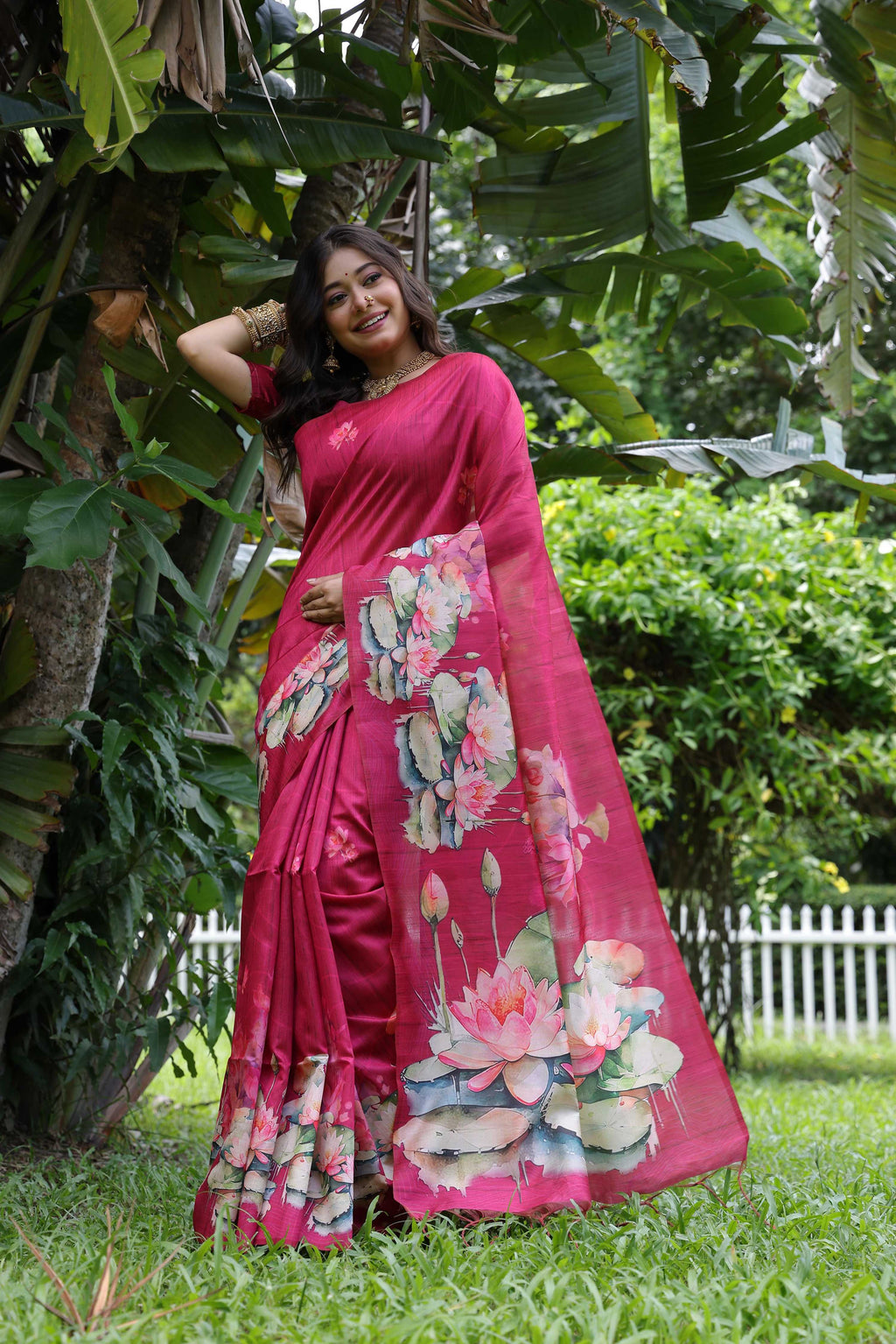 Jyoti Fashion Women's Rani Pink Soft Tussar Silk Floral Printed Saree with Blouse