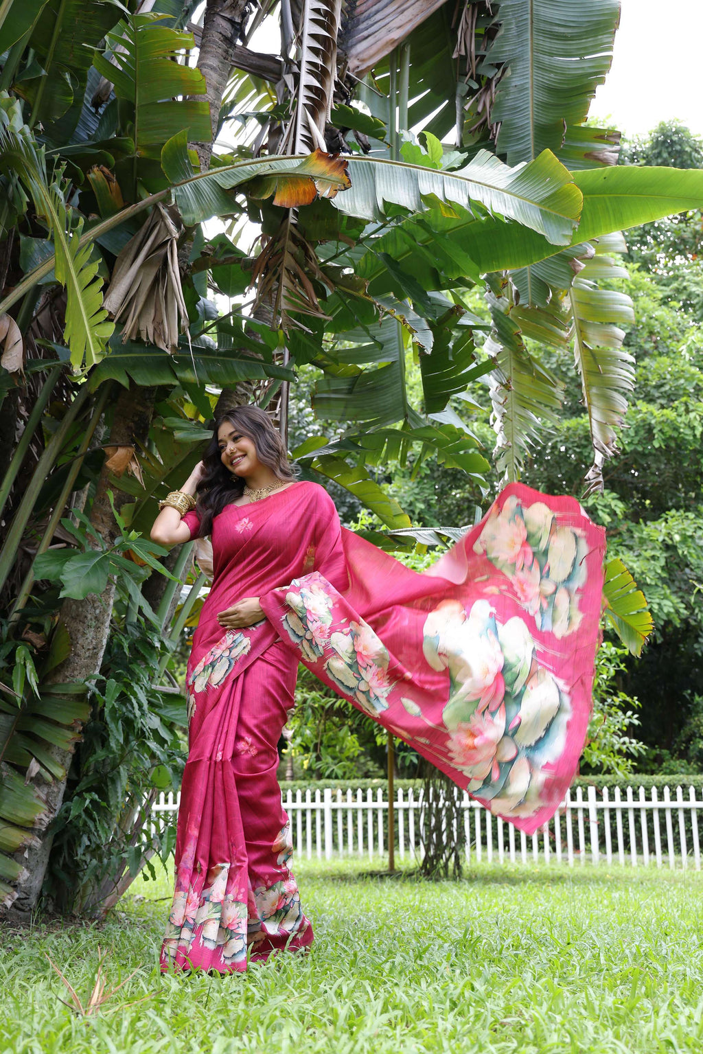 Jyoti Fashion Women's Rani Pink Soft Tussar Silk Floral Printed Saree with Blouse