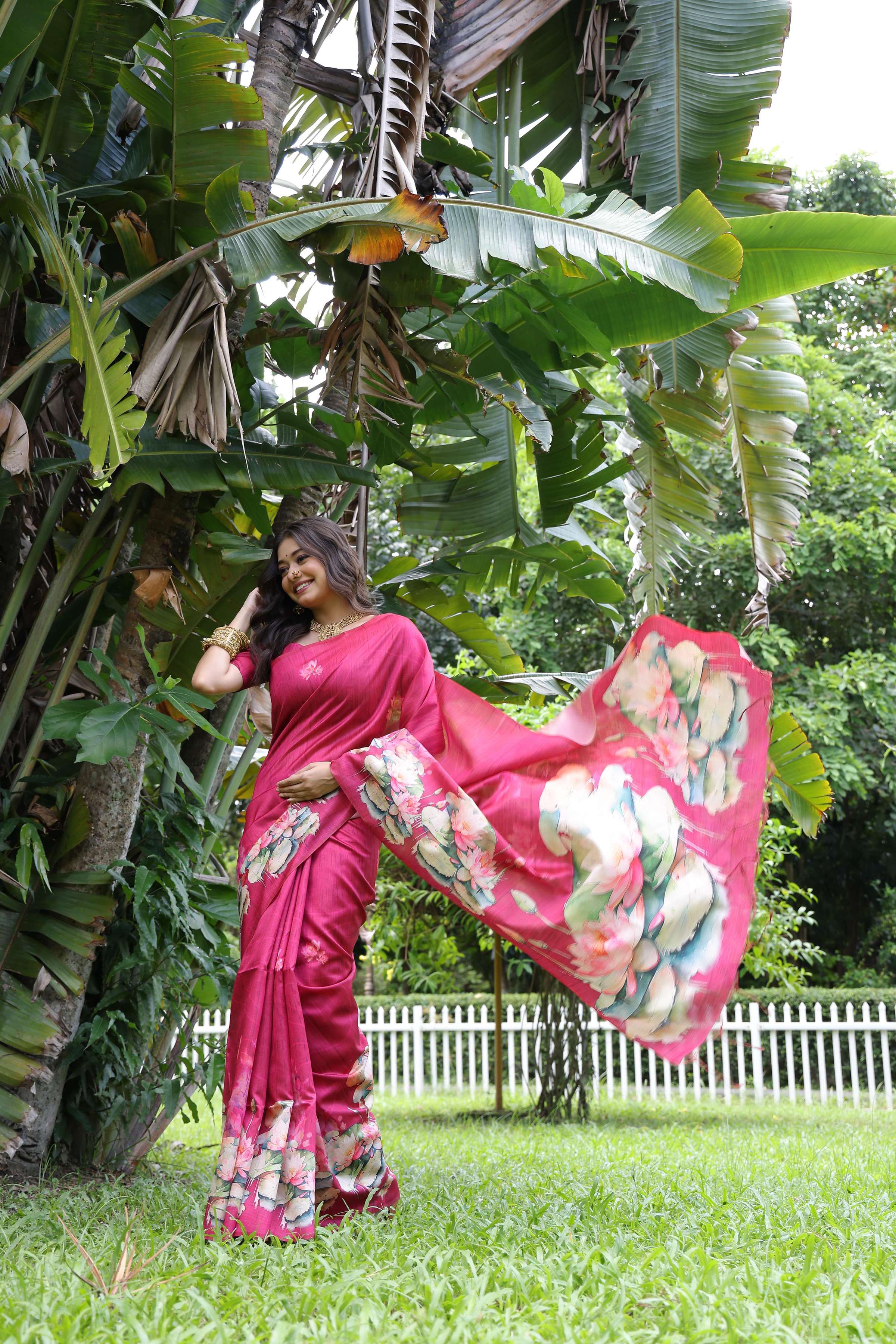 Jyoti Fashion Women's Rani Pink Soft Tussar Silk Floral Printed Saree with Blouse