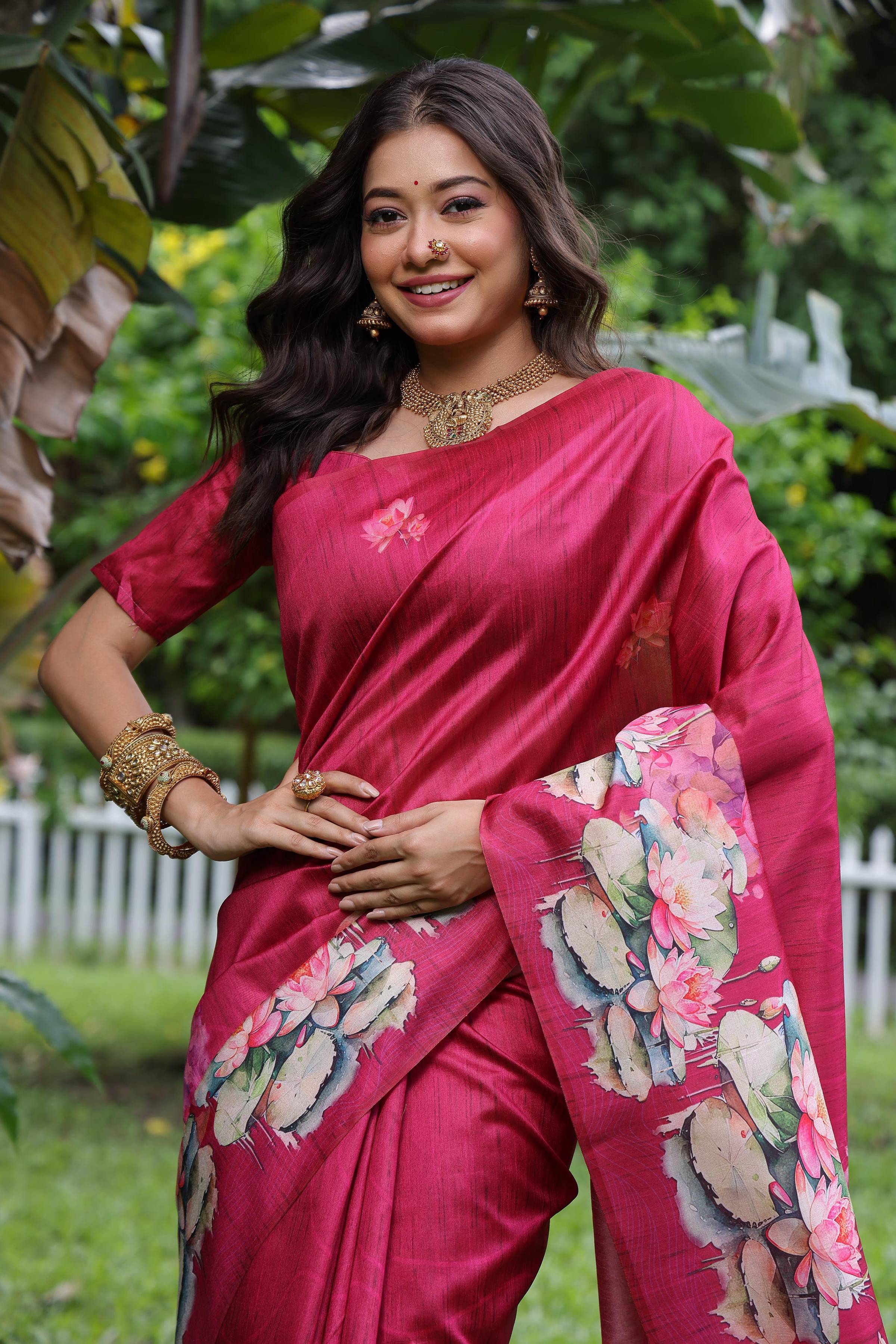 Jyoti Fashion Women's Rani Pink Soft Tussar Silk Floral Printed Saree with Blouse