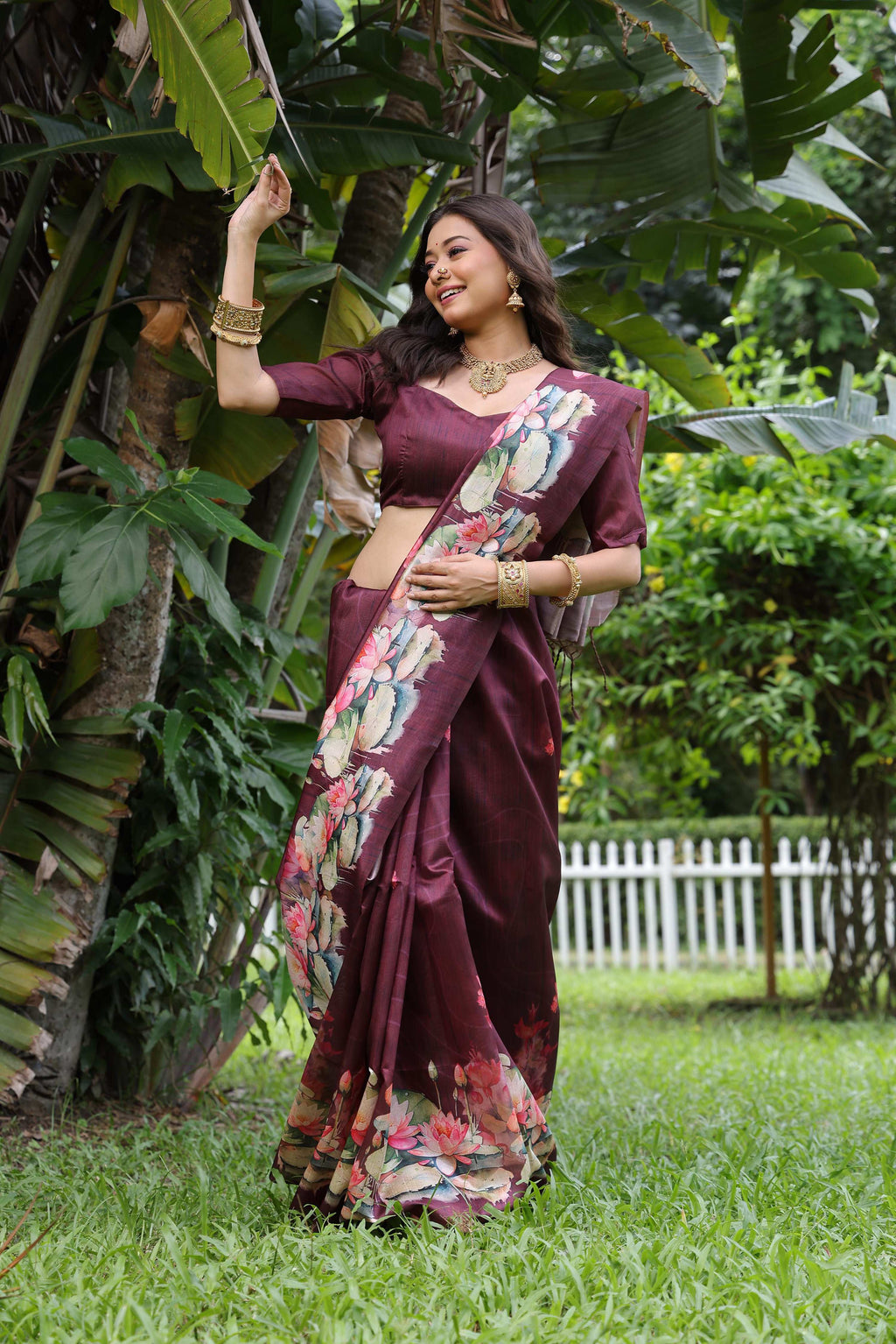 Jyoti Fashion Women's Wine Soft Tussar Silk Floral Printed Saree with Blouse