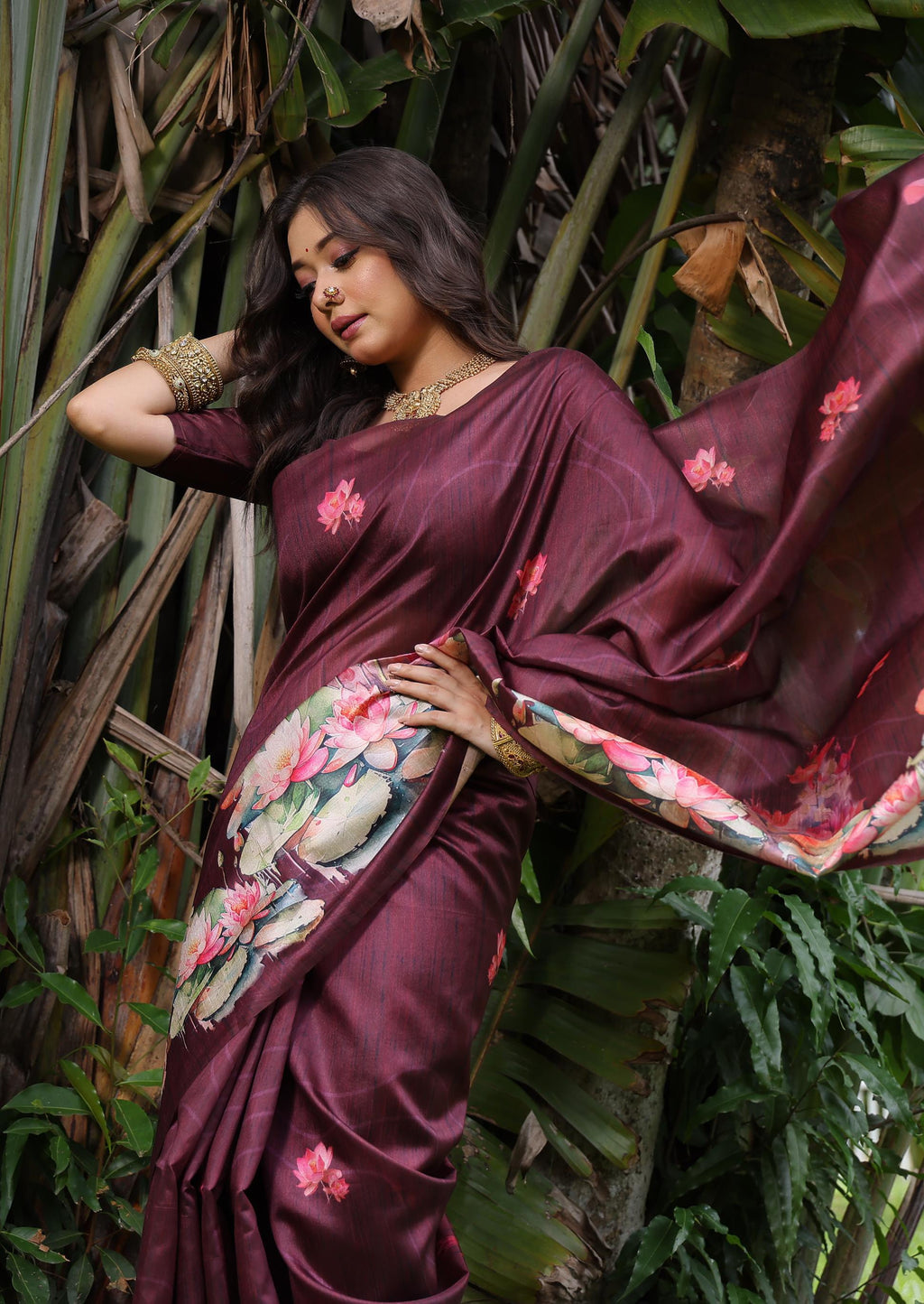 Jyoti Fashion Women's Wine Soft Tussar Silk Floral Printed Saree with Blouse