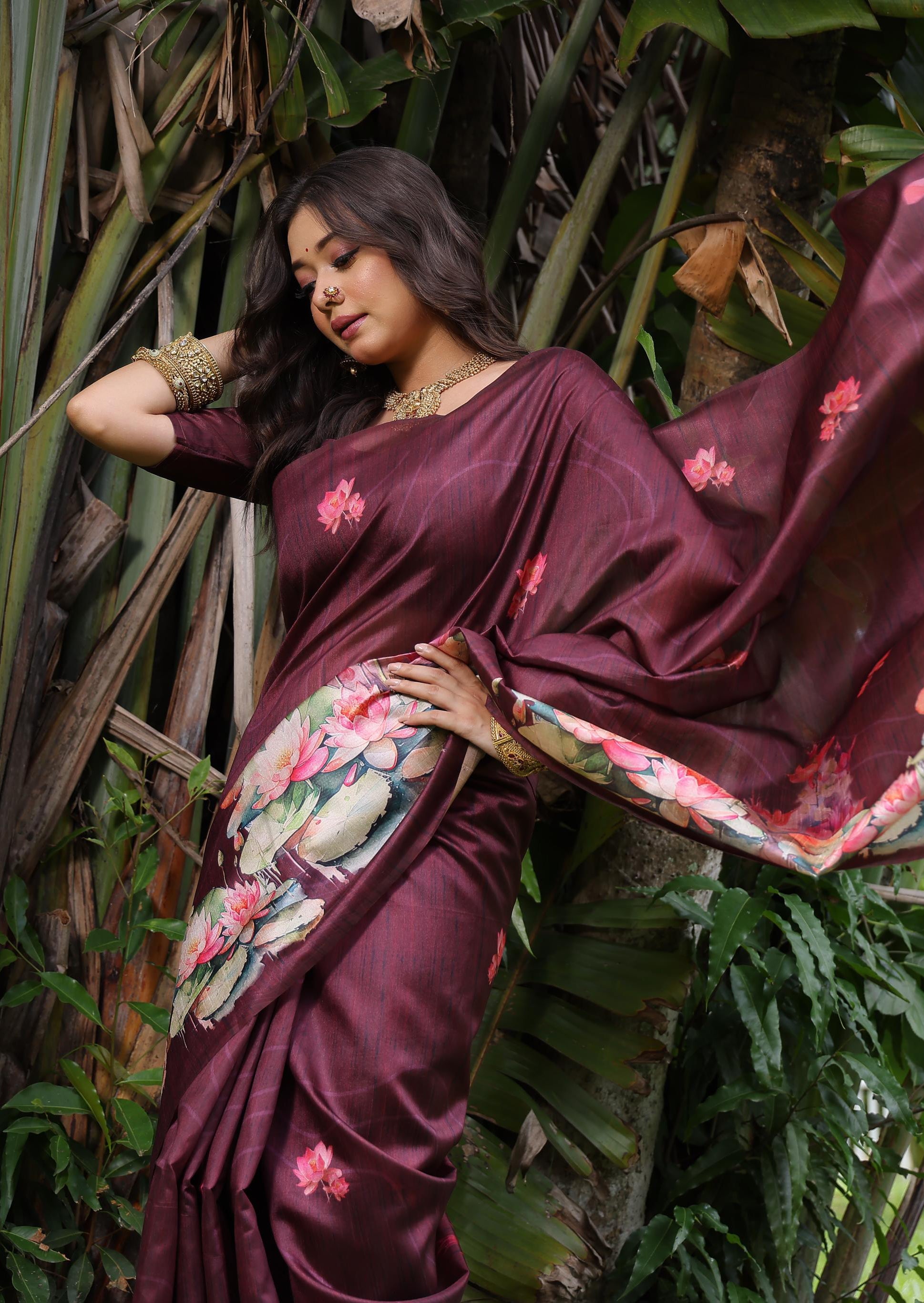 Jyoti Fashion Women's Wine Soft Tussar Silk Floral Printed Saree with Blouse