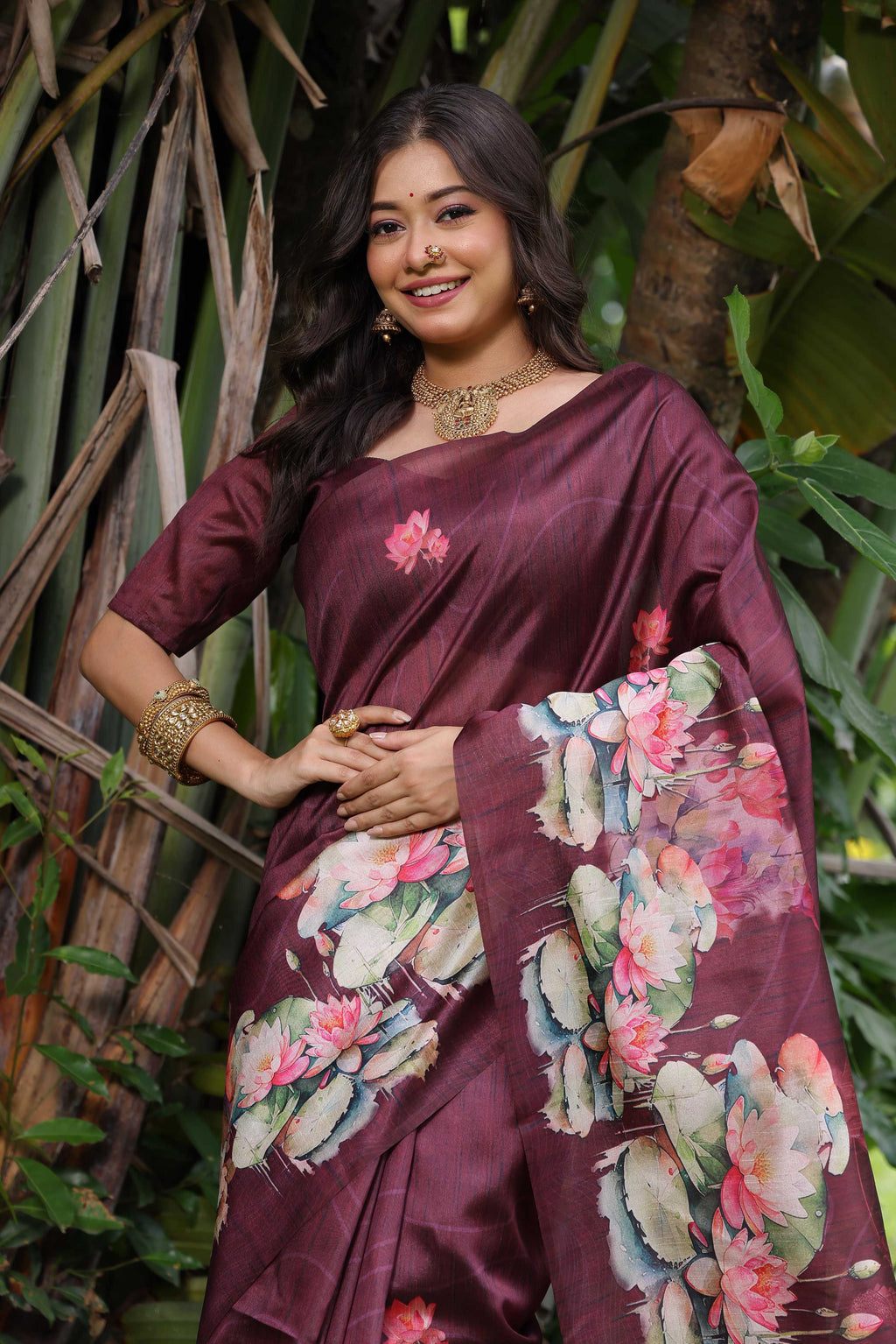 Jyoti Fashion Women's Wine Soft Tussar Silk Floral Printed Saree with Blouse