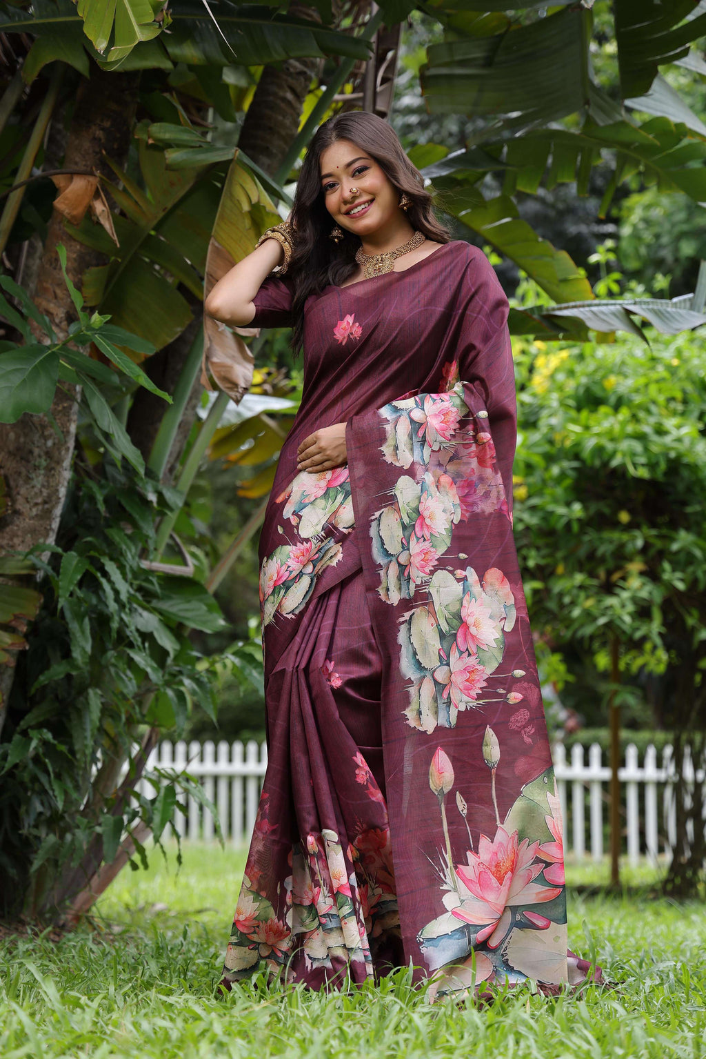 Jyoti Fashion Women's Wine Soft Tussar Silk Floral Printed Saree with Blouse
