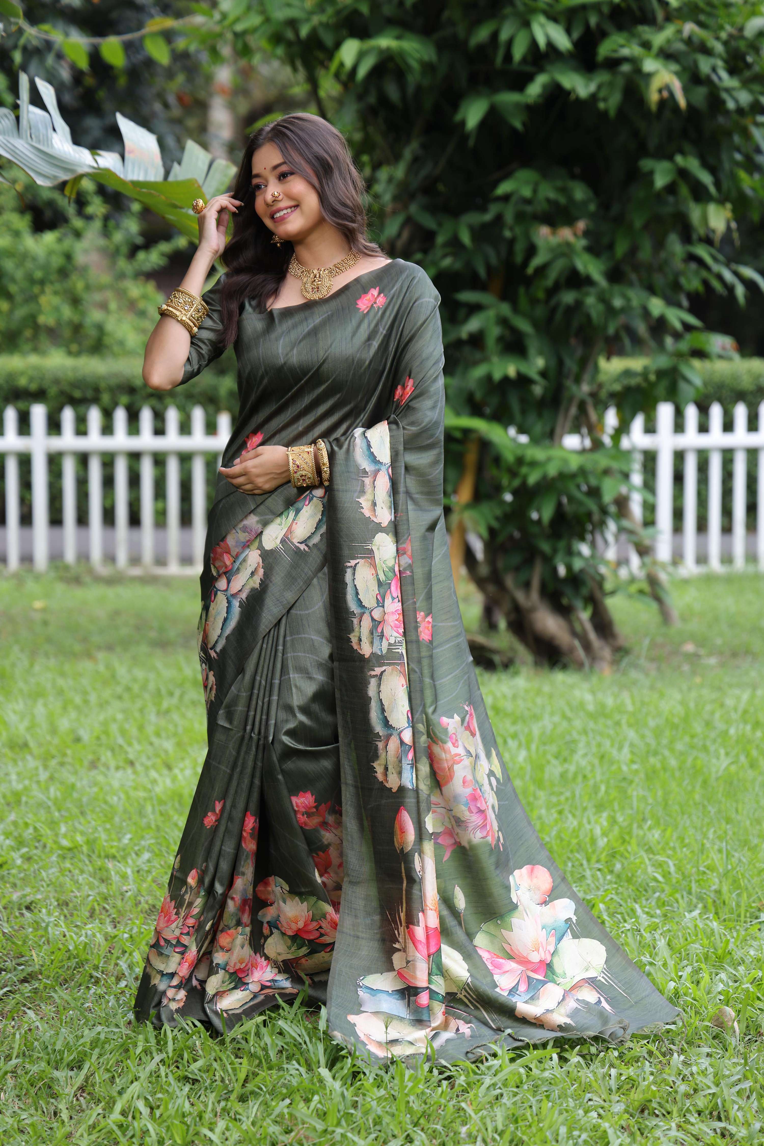 Jyoti Fashion Women's Mehendi Soft Tussar Silk Floral Printed Saree with Blouse