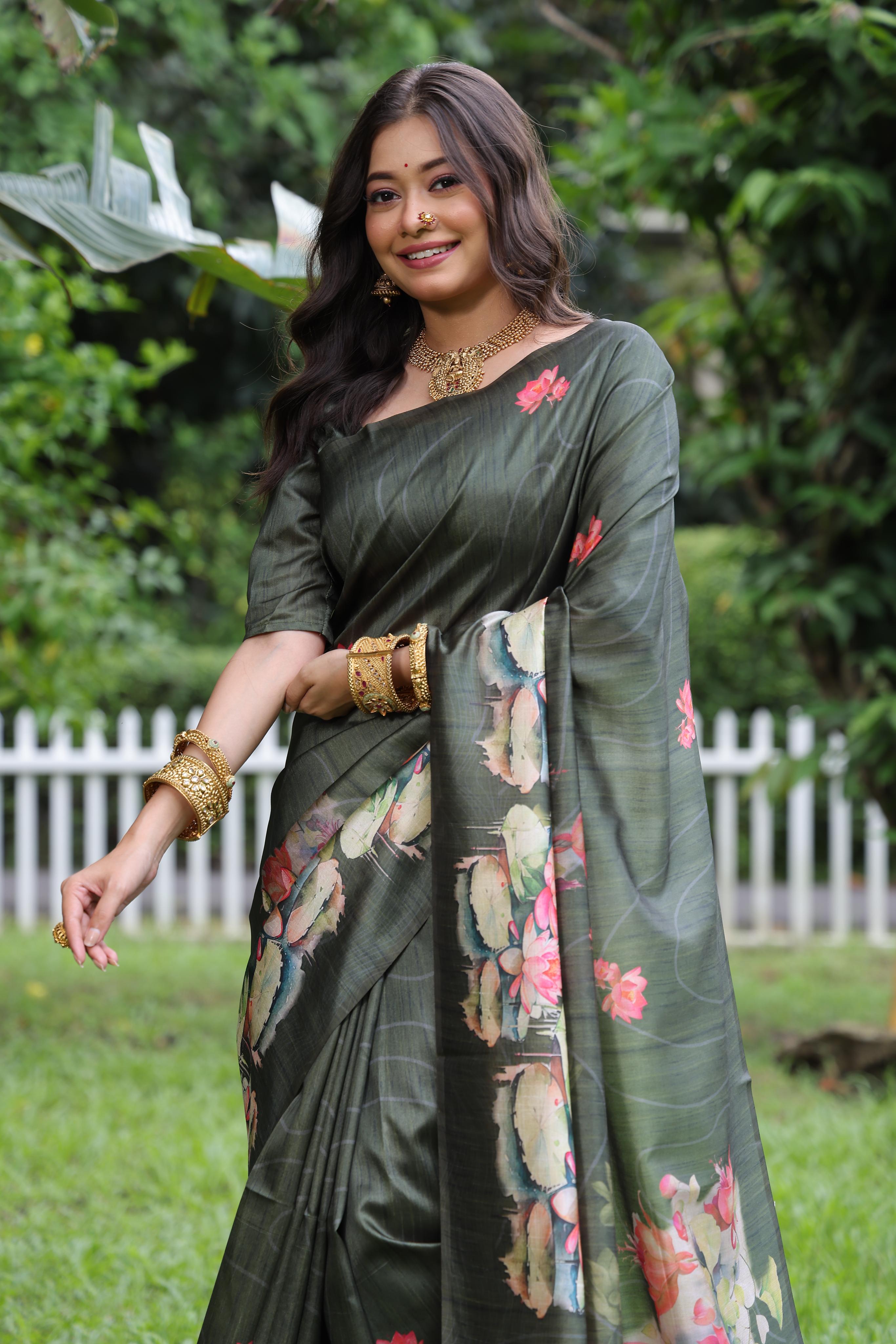 Jyoti Fashion Women's Mehendi Soft Tussar Silk Floral Printed Saree with Blouse
