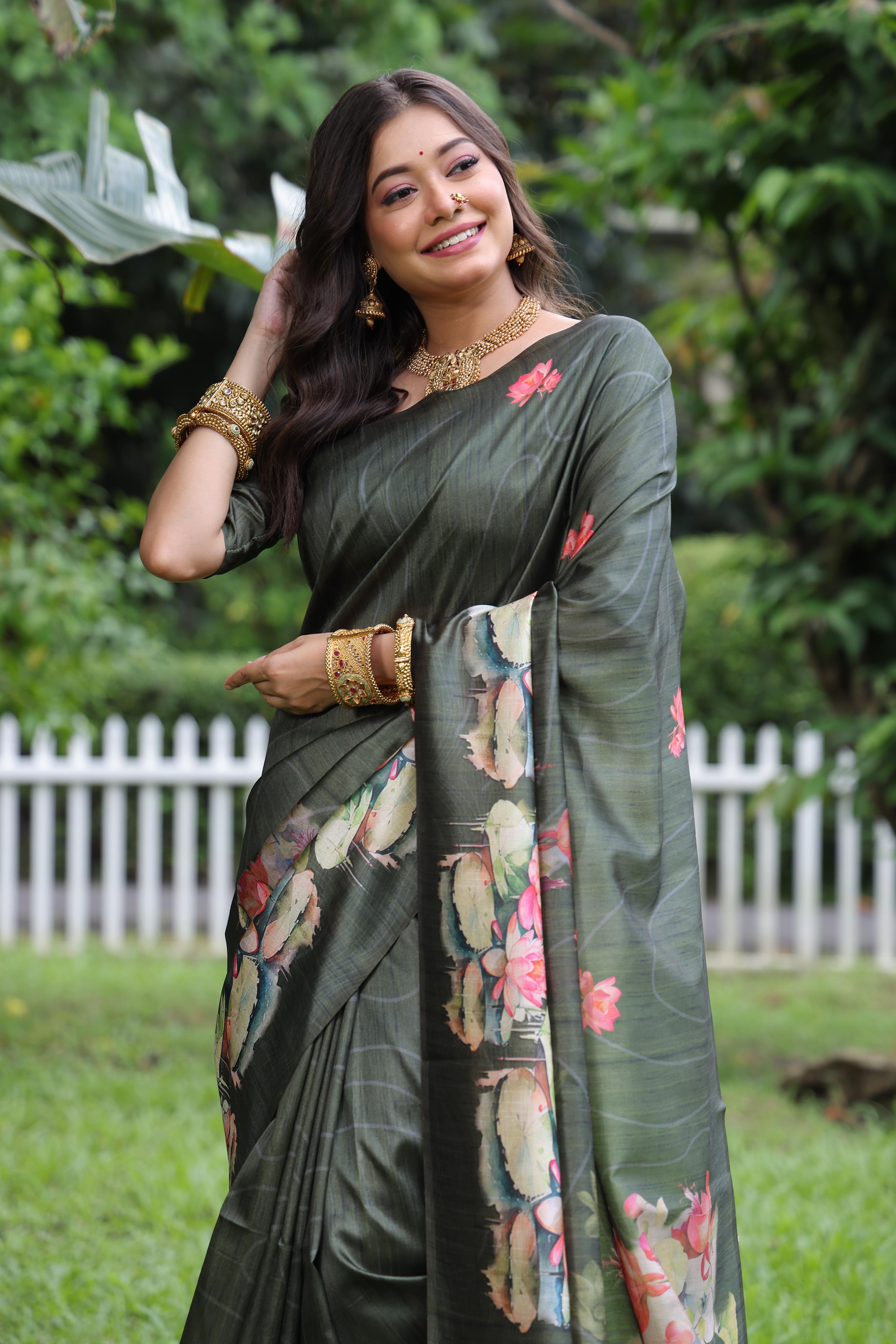 Jyoti Fashion Women's Mehendi Soft Tussar Silk Floral Printed Saree with Blouse