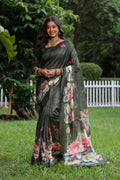 Jyoti Fashion Women's Mehendi Soft Tussar Silk Floral Printed Saree with Blouse