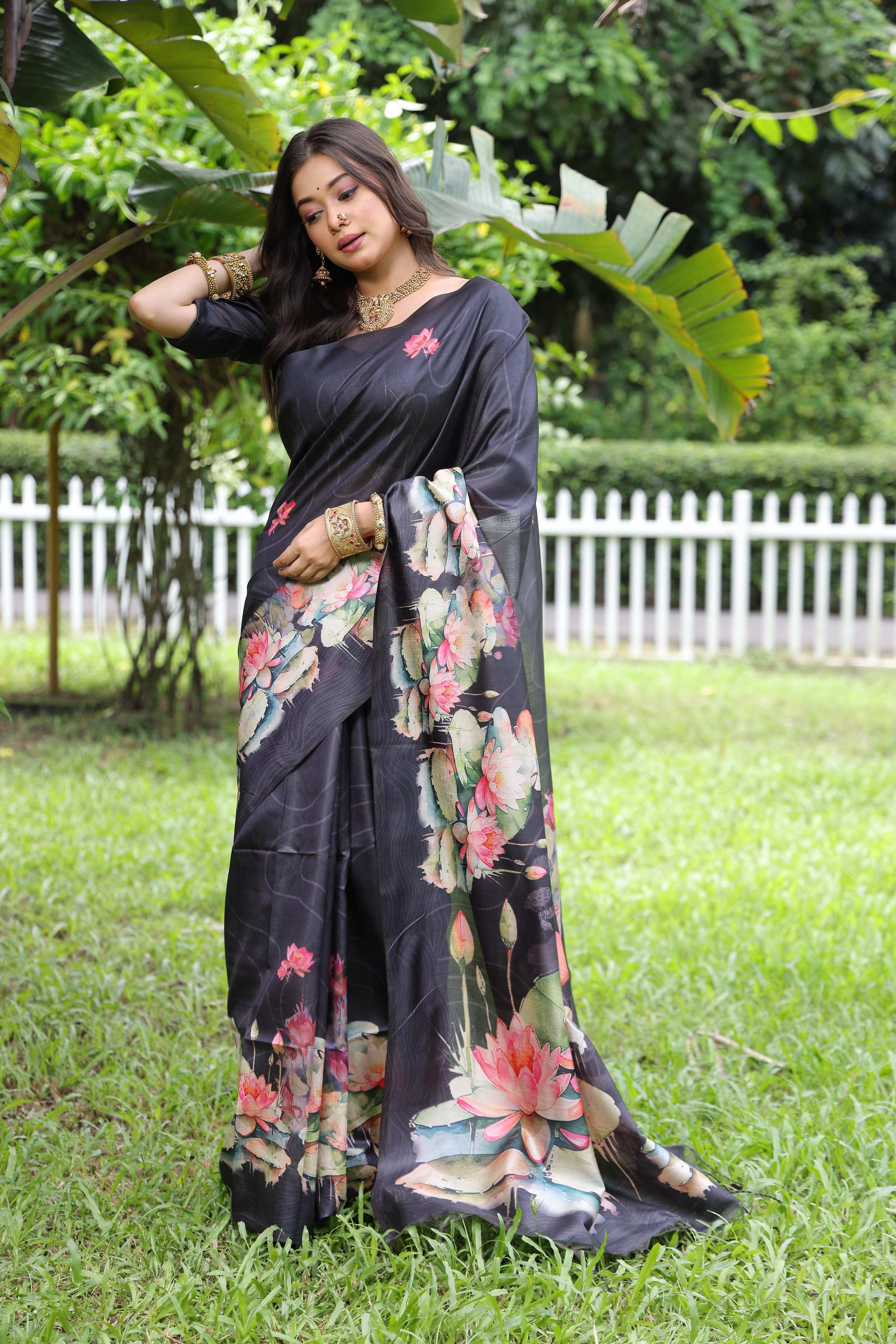 Jyoti Fashion Women's Black Soft Tussar Silk Floral Printed Saree with Blouse