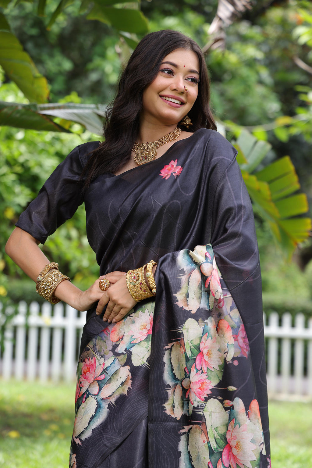 Jyoti Fashion Women's Black Soft Tussar Silk Floral Printed Saree with Blouse