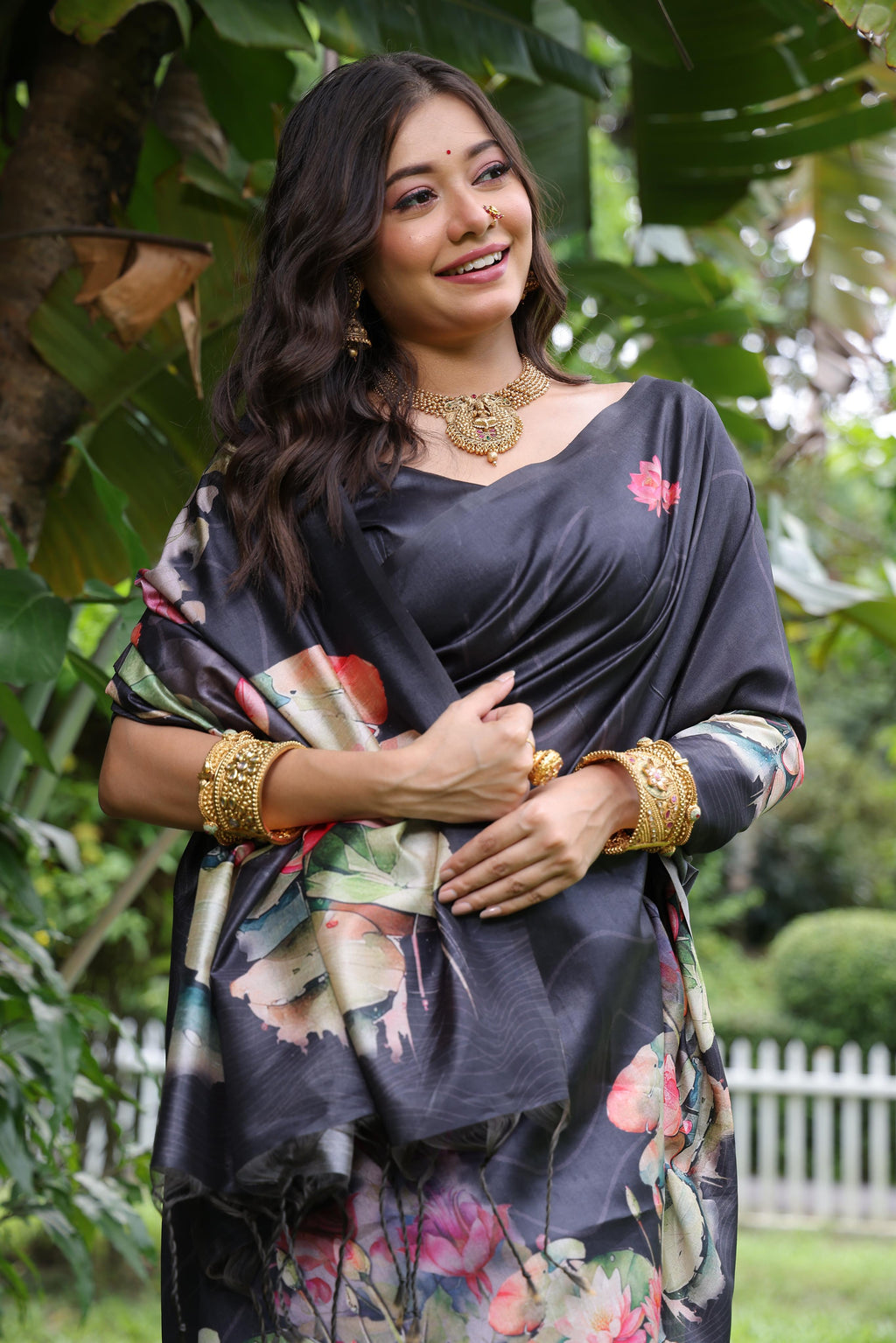 Jyoti Fashion Women's Black Soft Tussar Silk Floral Printed Saree with Blouse
