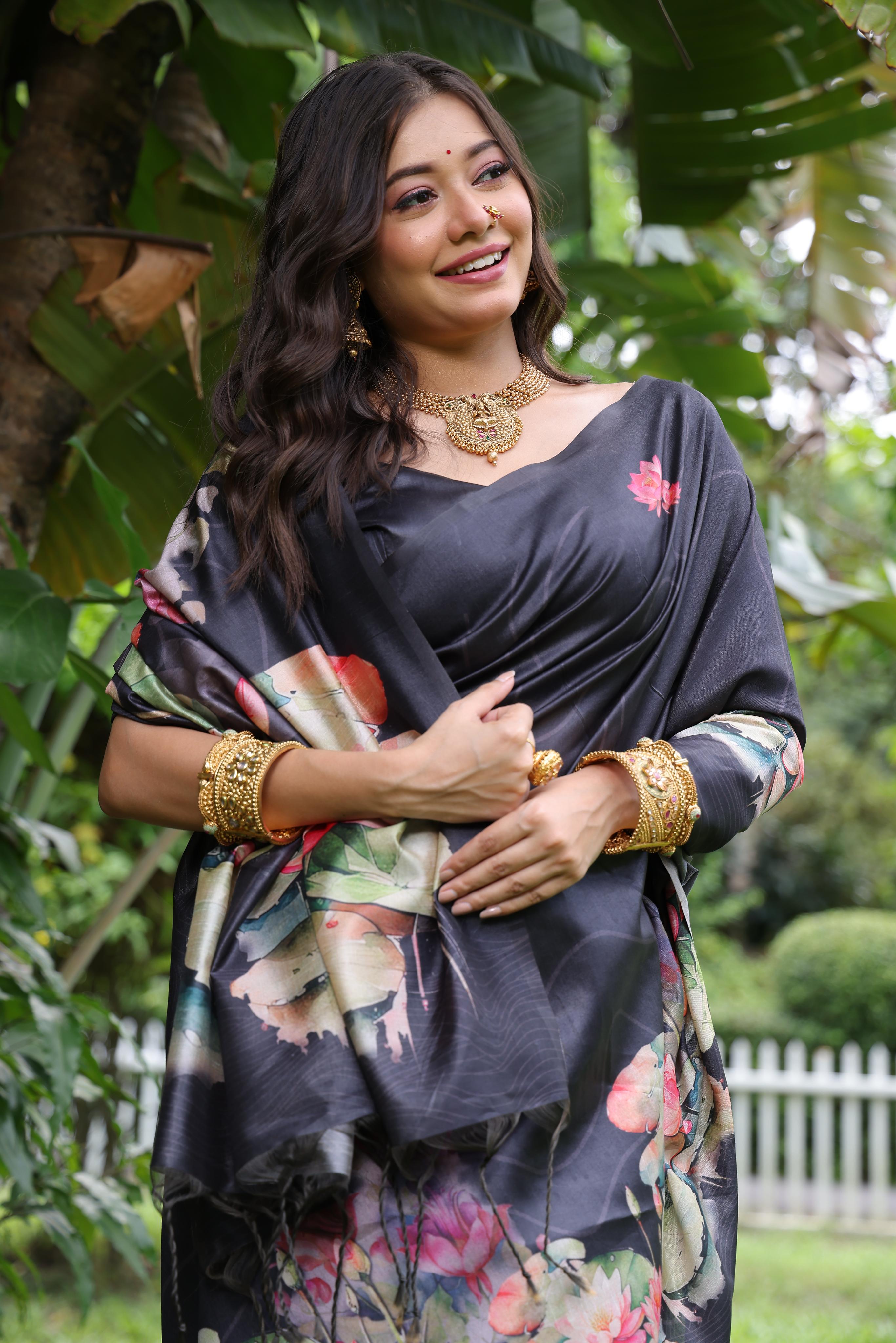 Jyoti Fashion Women's Black Soft Tussar Silk Floral Printed Saree with Blouse