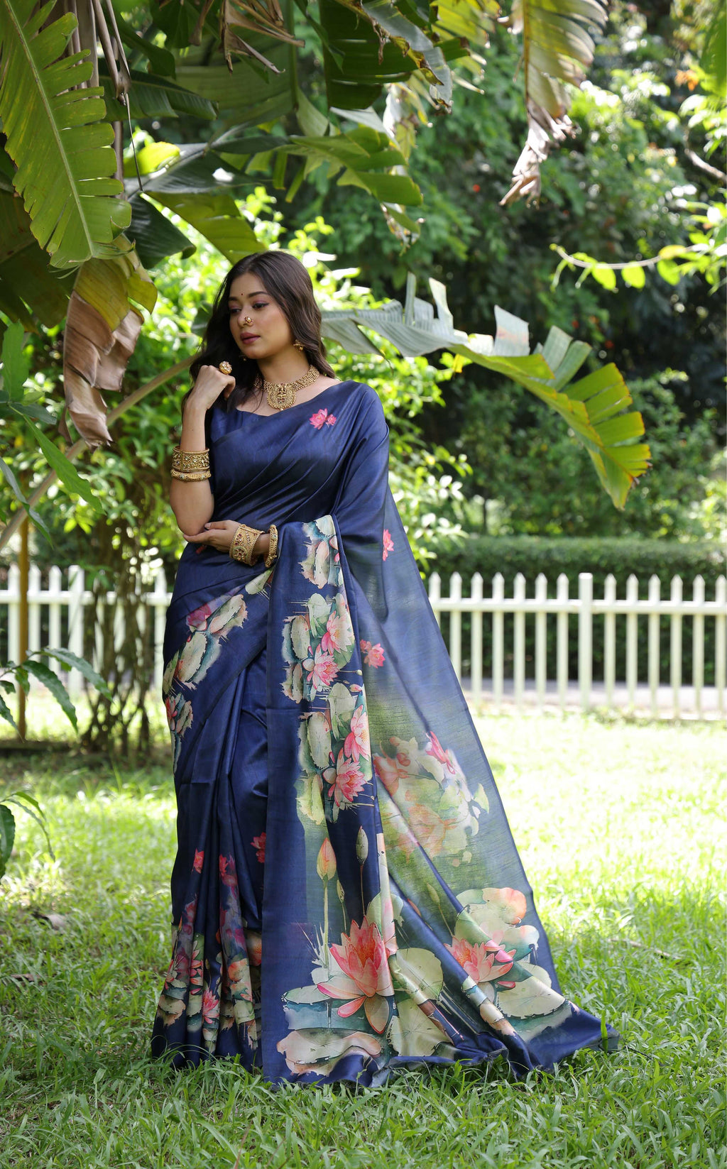 Jyoti Fashion Women's Blue Soft Tussar Silk Floral Printed Saree with Blouse
