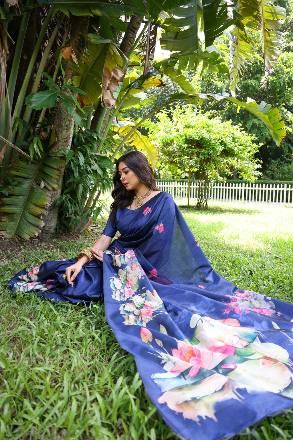 Jyoti Fashion Women's Blue Soft Tussar Silk Floral Printed Saree with Blouse