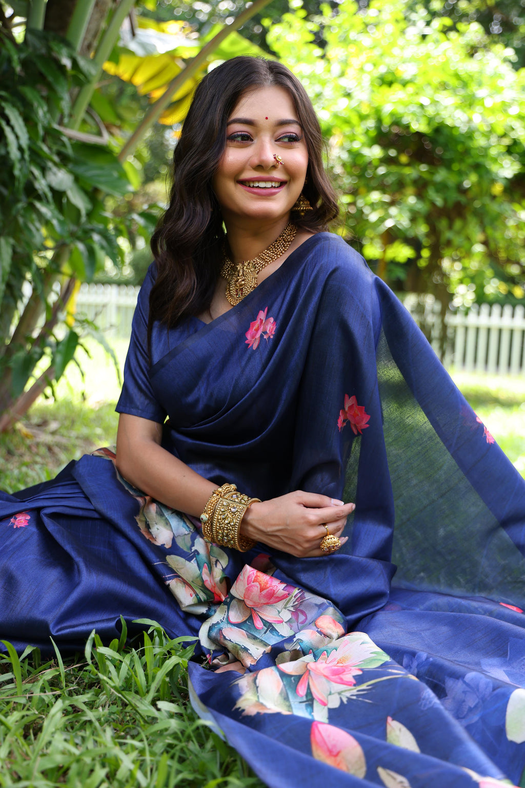 Jyoti Fashion Women's Blue Soft Tussar Silk Floral Printed Saree with Blouse