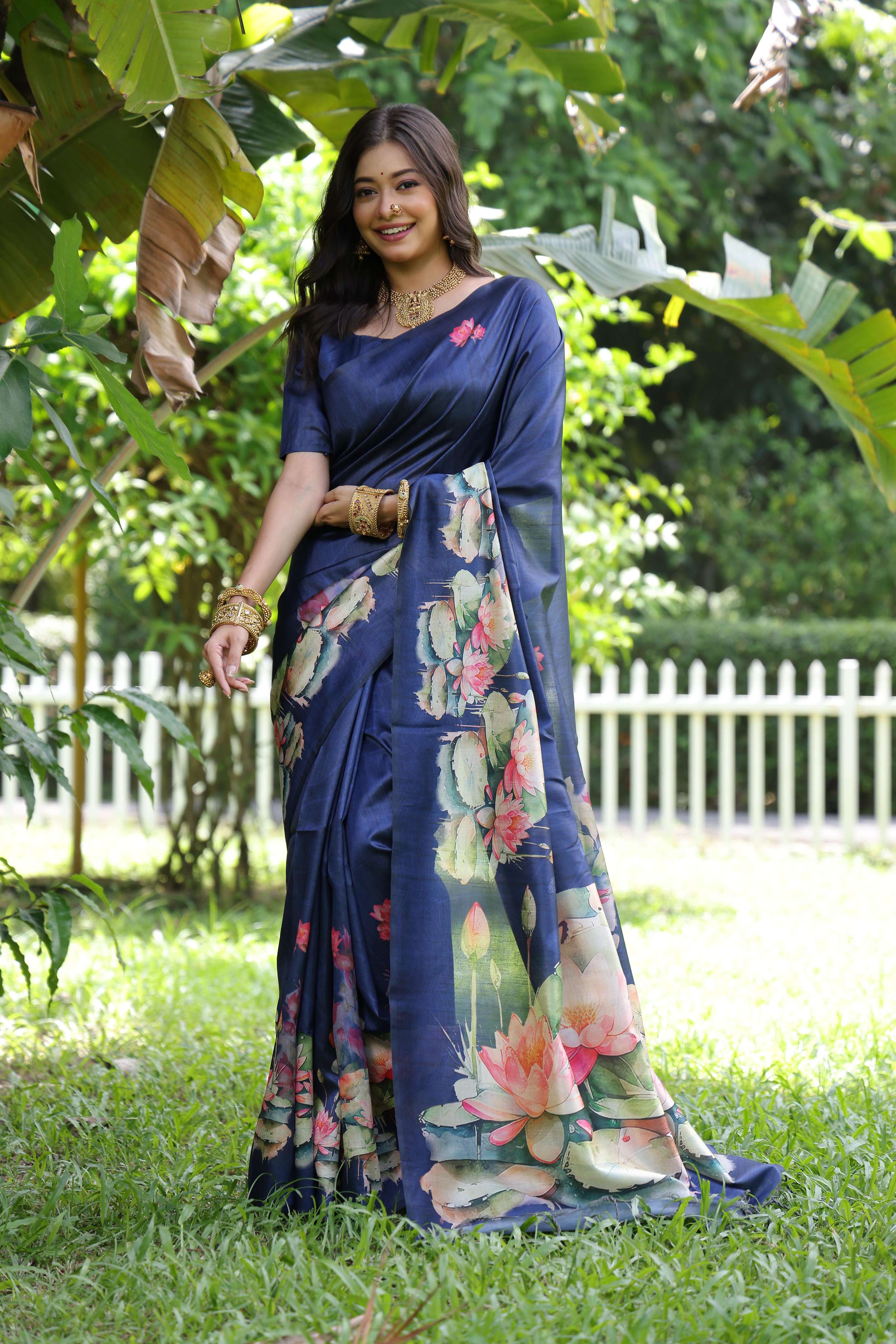 Jyoti Fashion Women's Blue Soft Tussar Silk Floral Printed Saree with Blouse