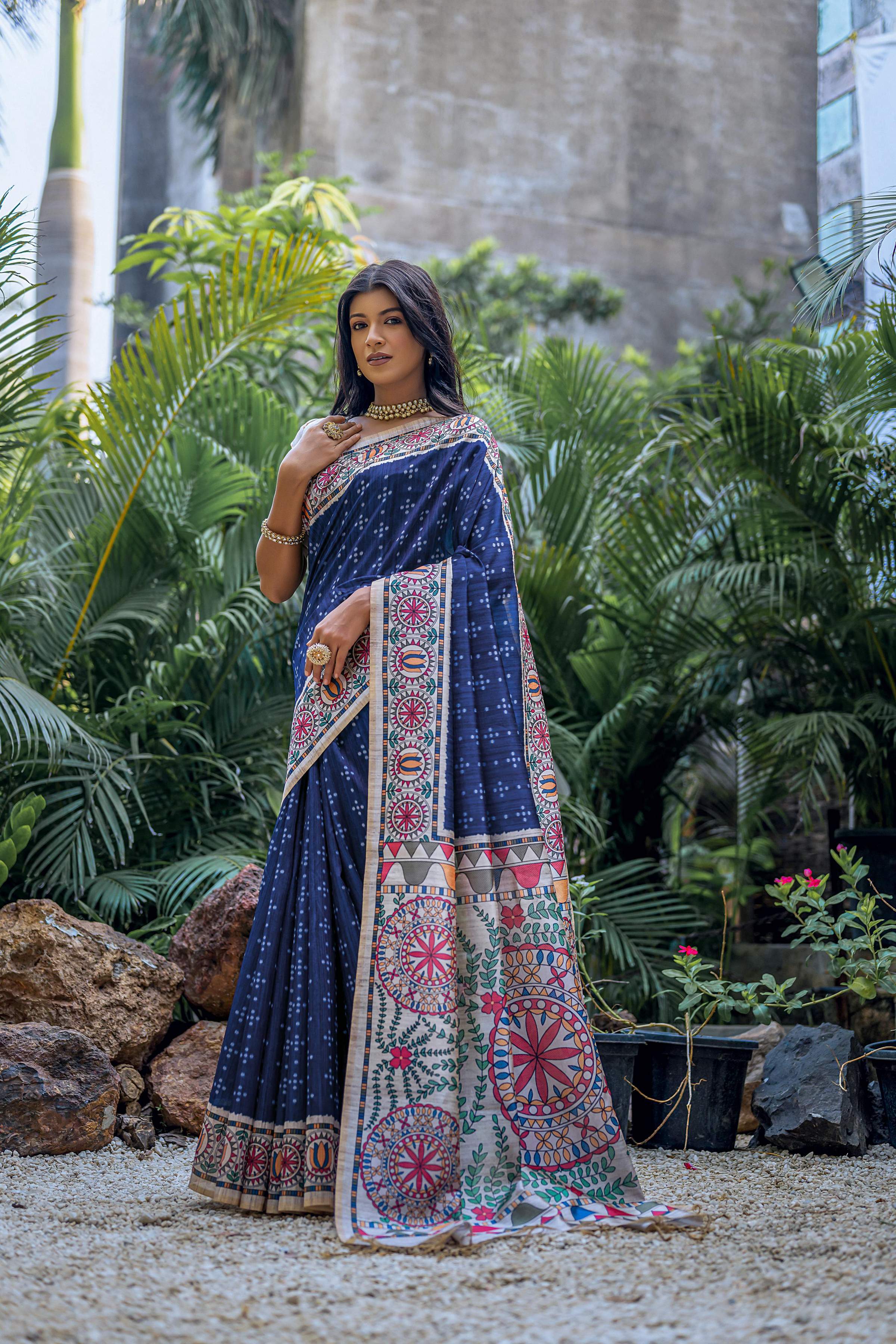 Jyoti Fashion Women's Navy Blue Soft Tussar Silk Madhubani Printed Saree with Blouse