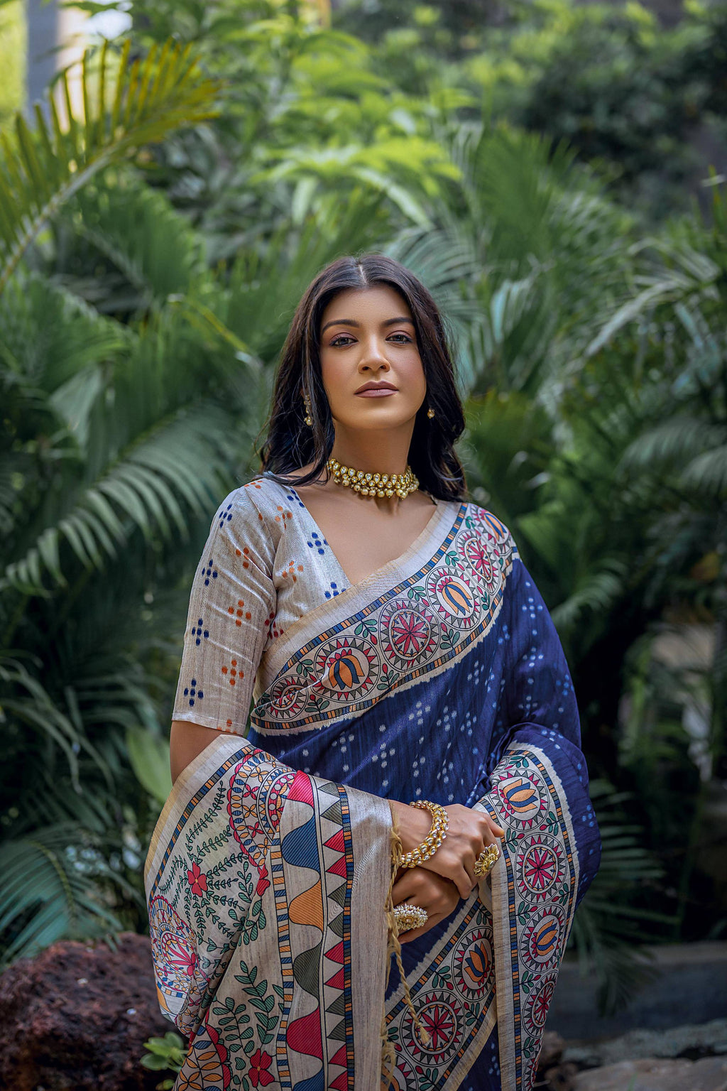 Jyoti Fashion Women's Navy Blue Soft Tussar Silk Madhubani Printed Saree with Blouse