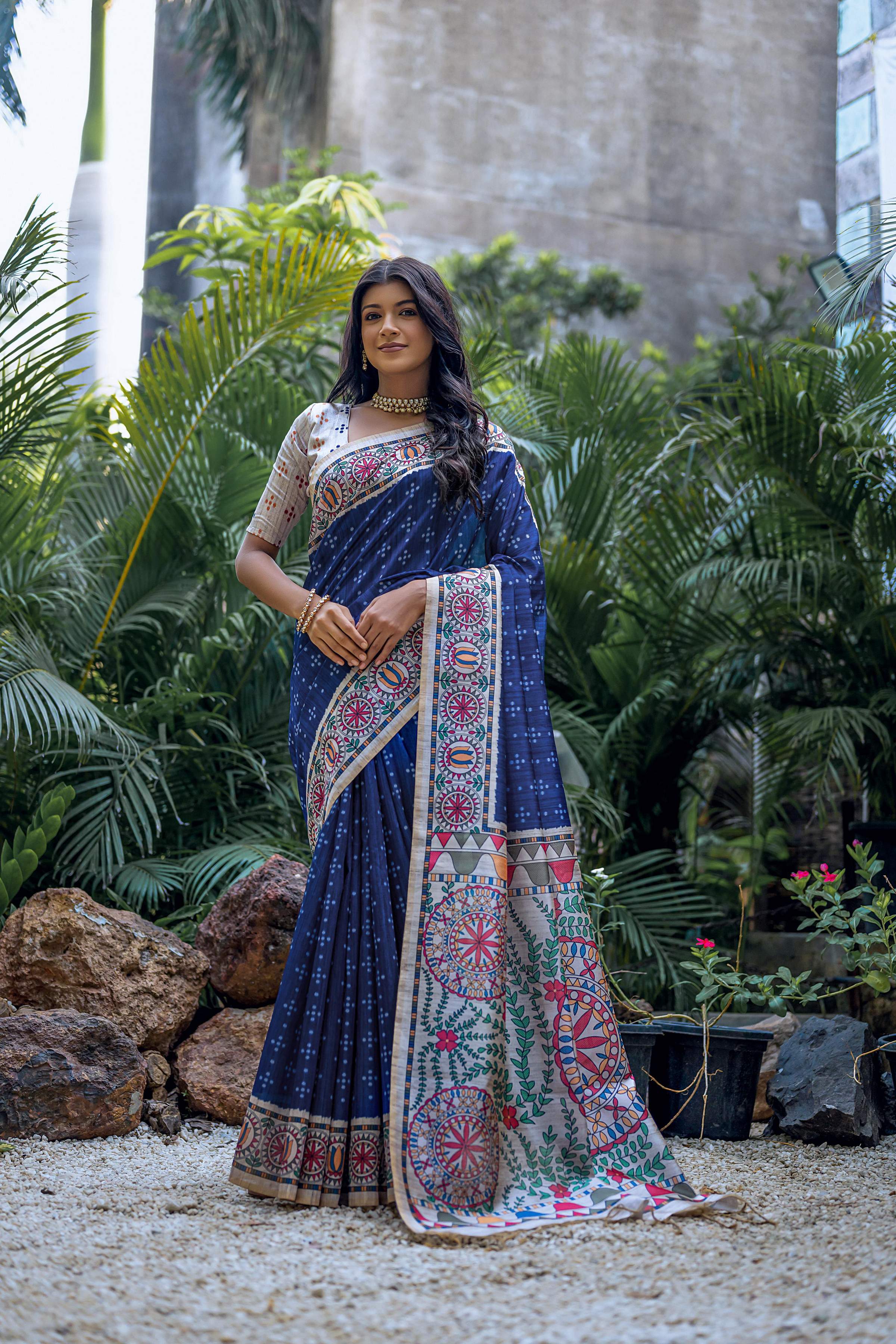 Jyoti Fashion Women's Navy Blue Soft Tussar Silk Madhubani Printed Saree with Blouse