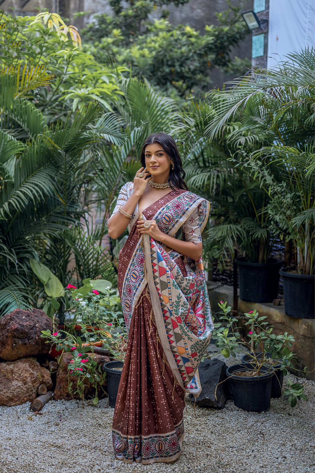 Jyoti Fashion Women's Brown Soft Tussar Silk Madhubani Printed Saree with Blouse