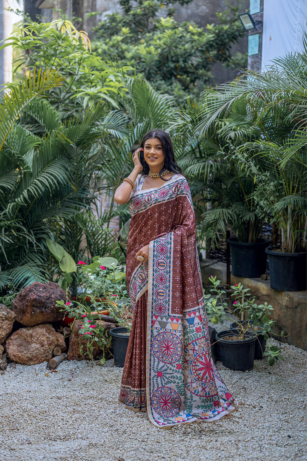 Jyoti Fashion Women's Brown Soft Tussar Silk Madhubani Printed Saree with Blouse