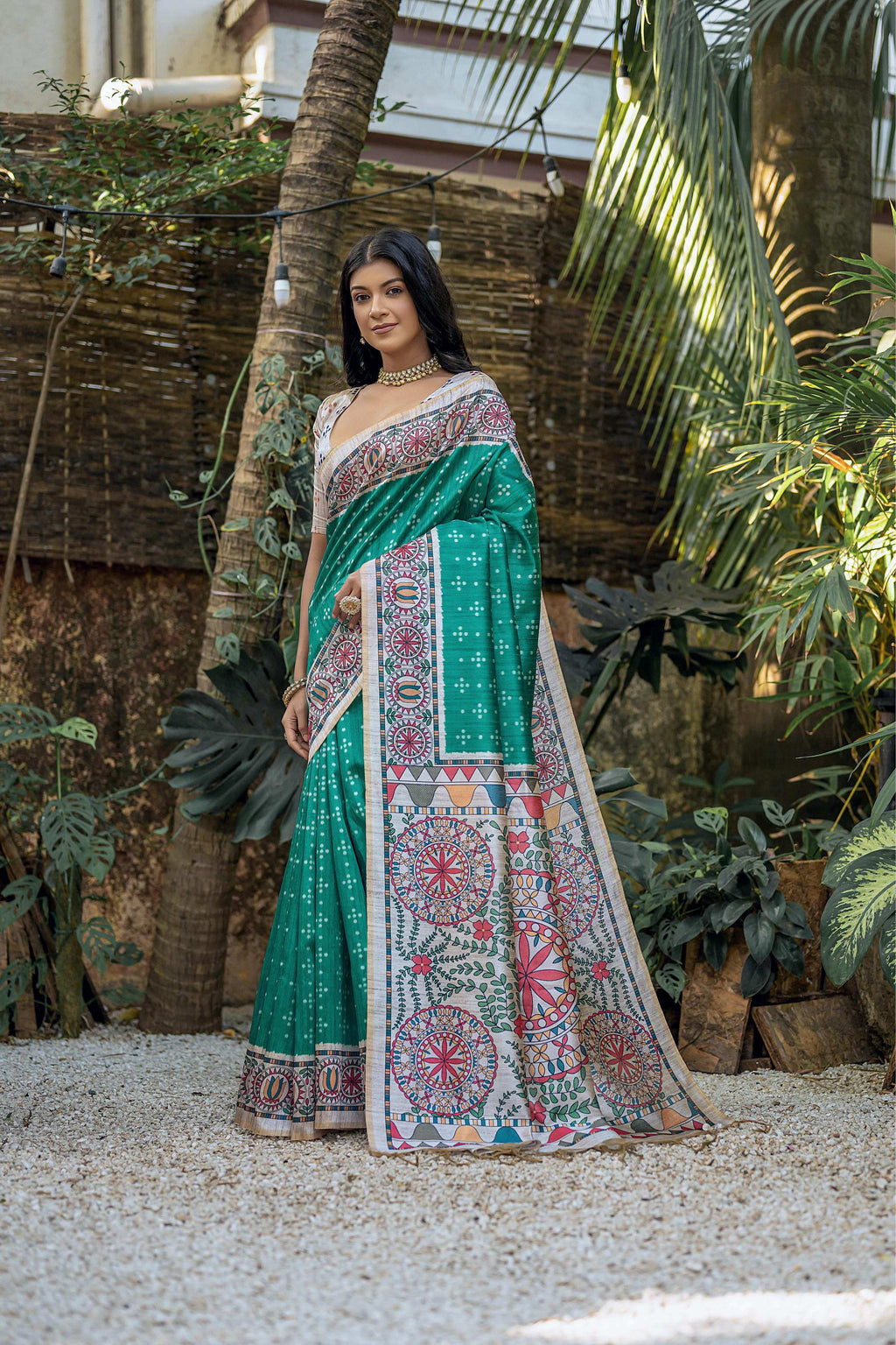 Jyoti Fashion Women's Sea Green Soft Tussar Silk Madhubani Printed Saree with Blouse