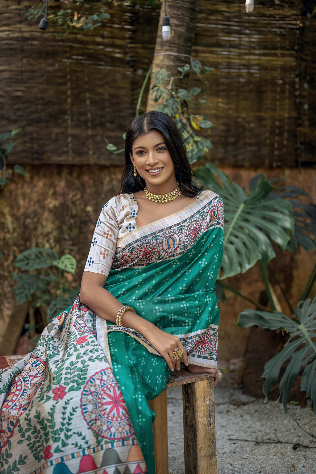 Jyoti Fashion Women's Sea Green Soft Tussar Silk Madhubani Printed Saree with Blouse